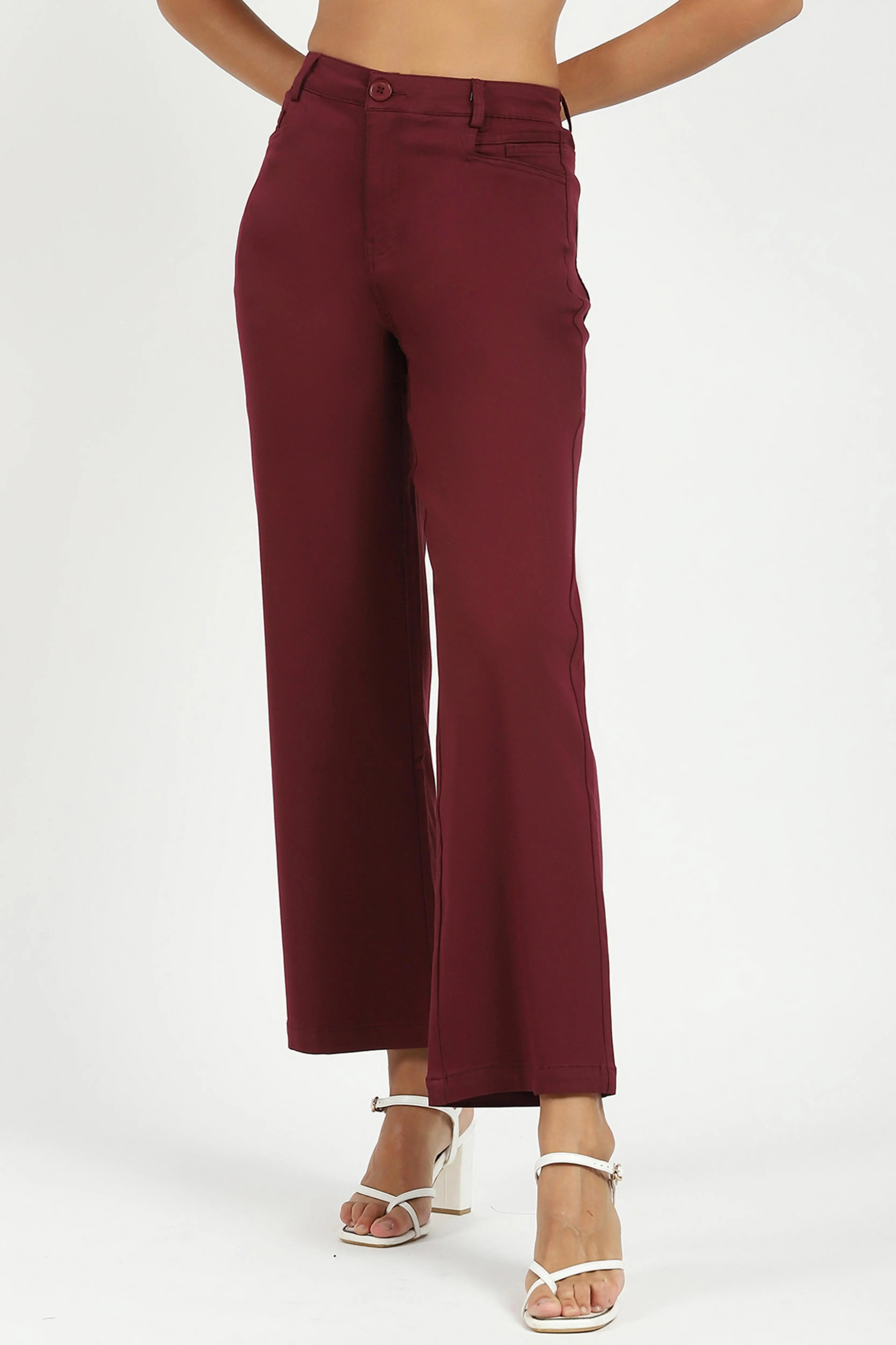 Wine Stretchable Loose Fit Trousers