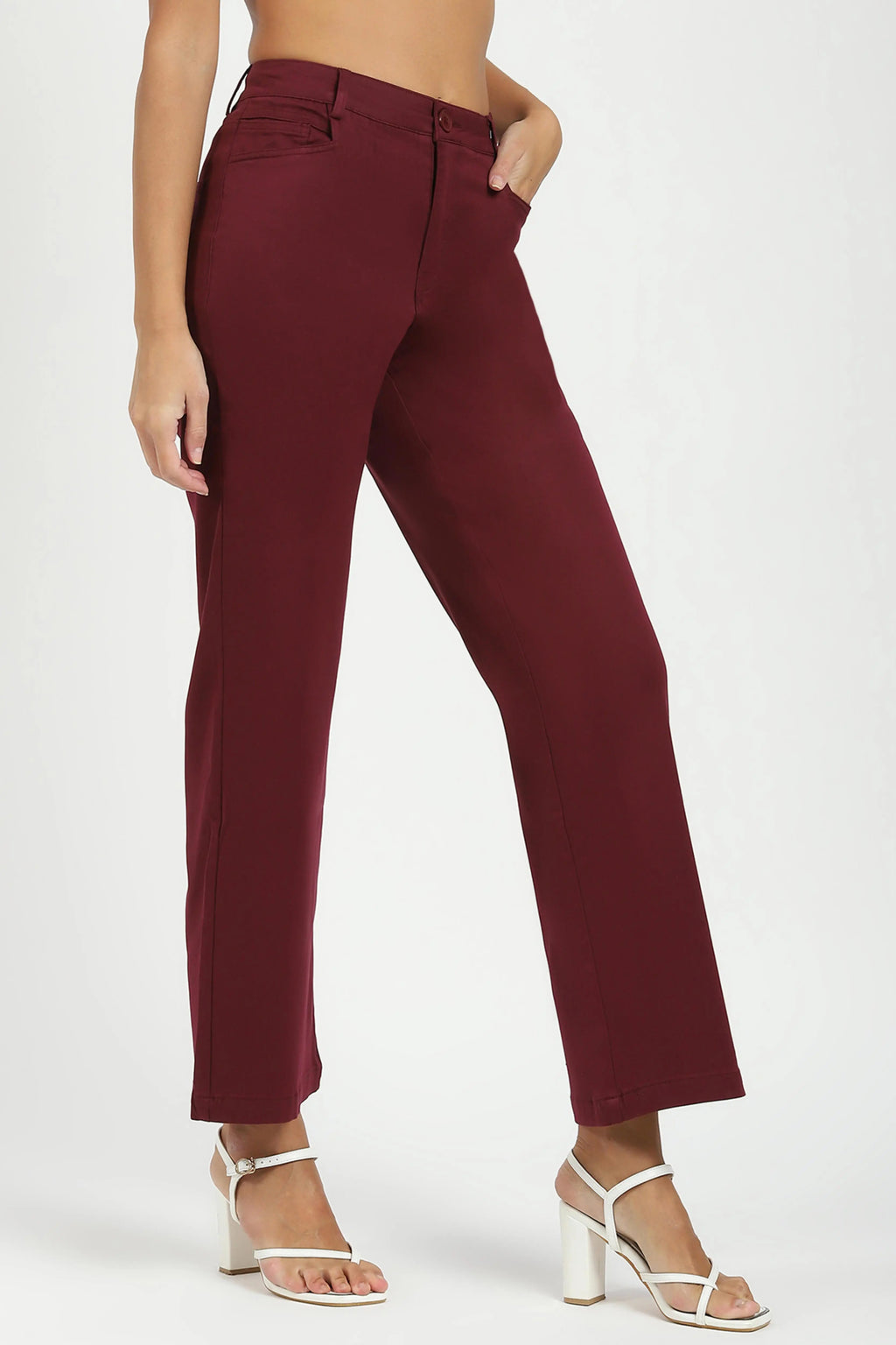 Wine Stretchable Loose Fit Trousers