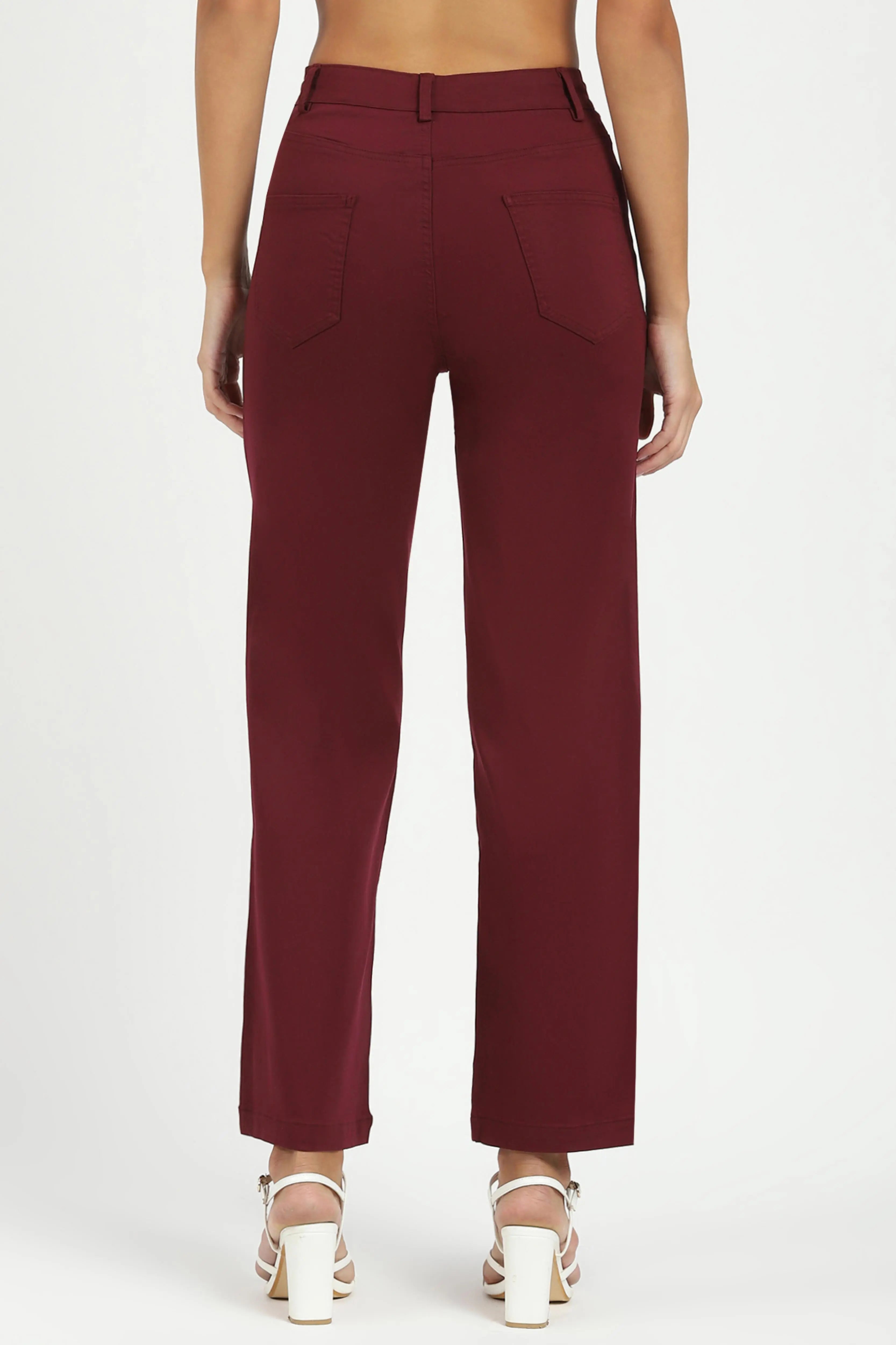 Wine Stretchable Loose Fit Trousers