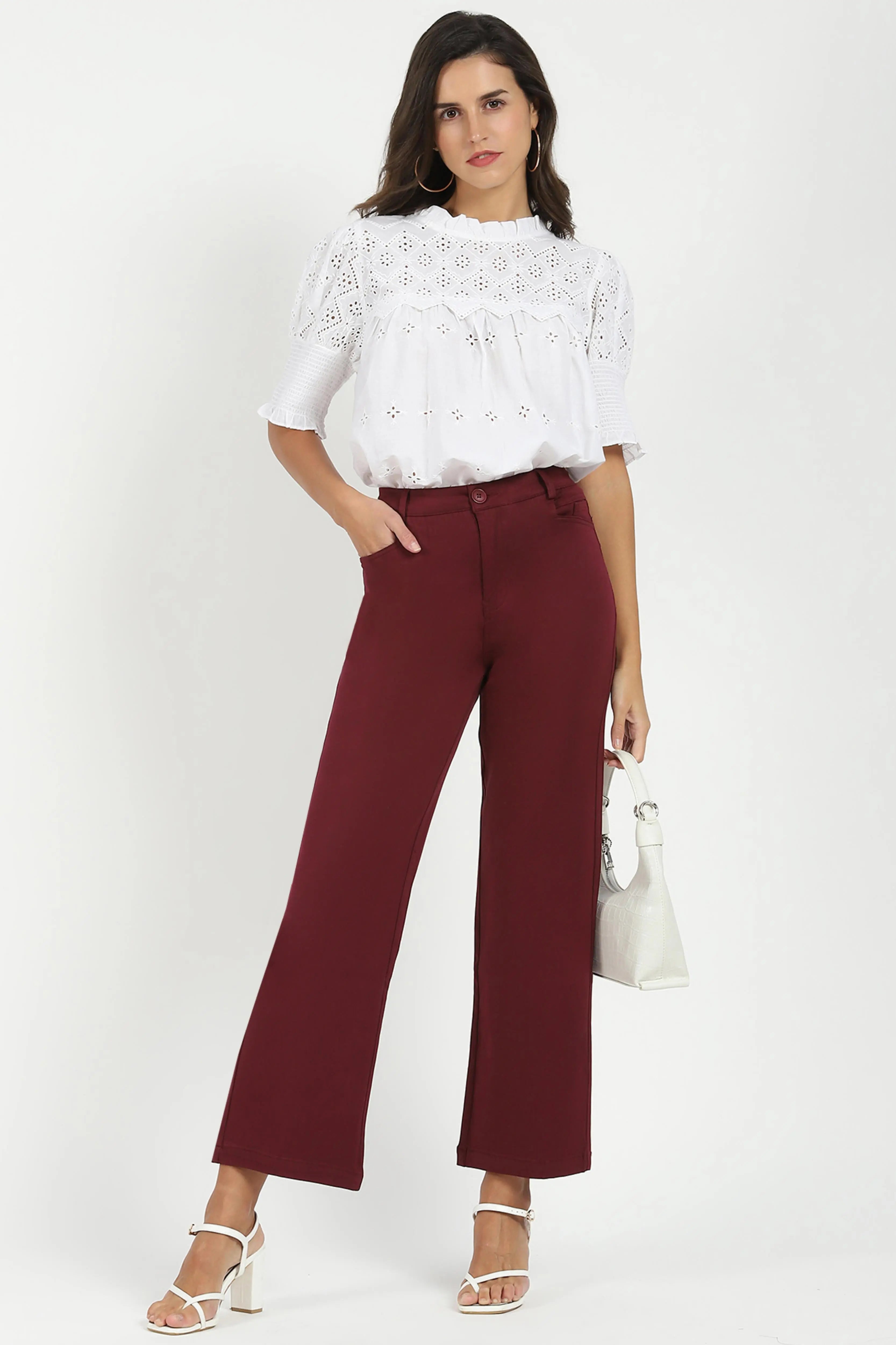 Wine Stretchable Loose Fit Trousers