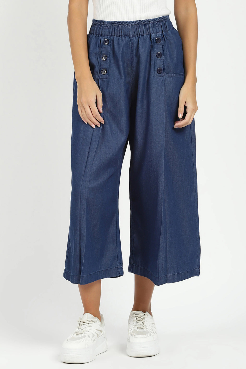 Blue Solid Cotton Blend Palazzo