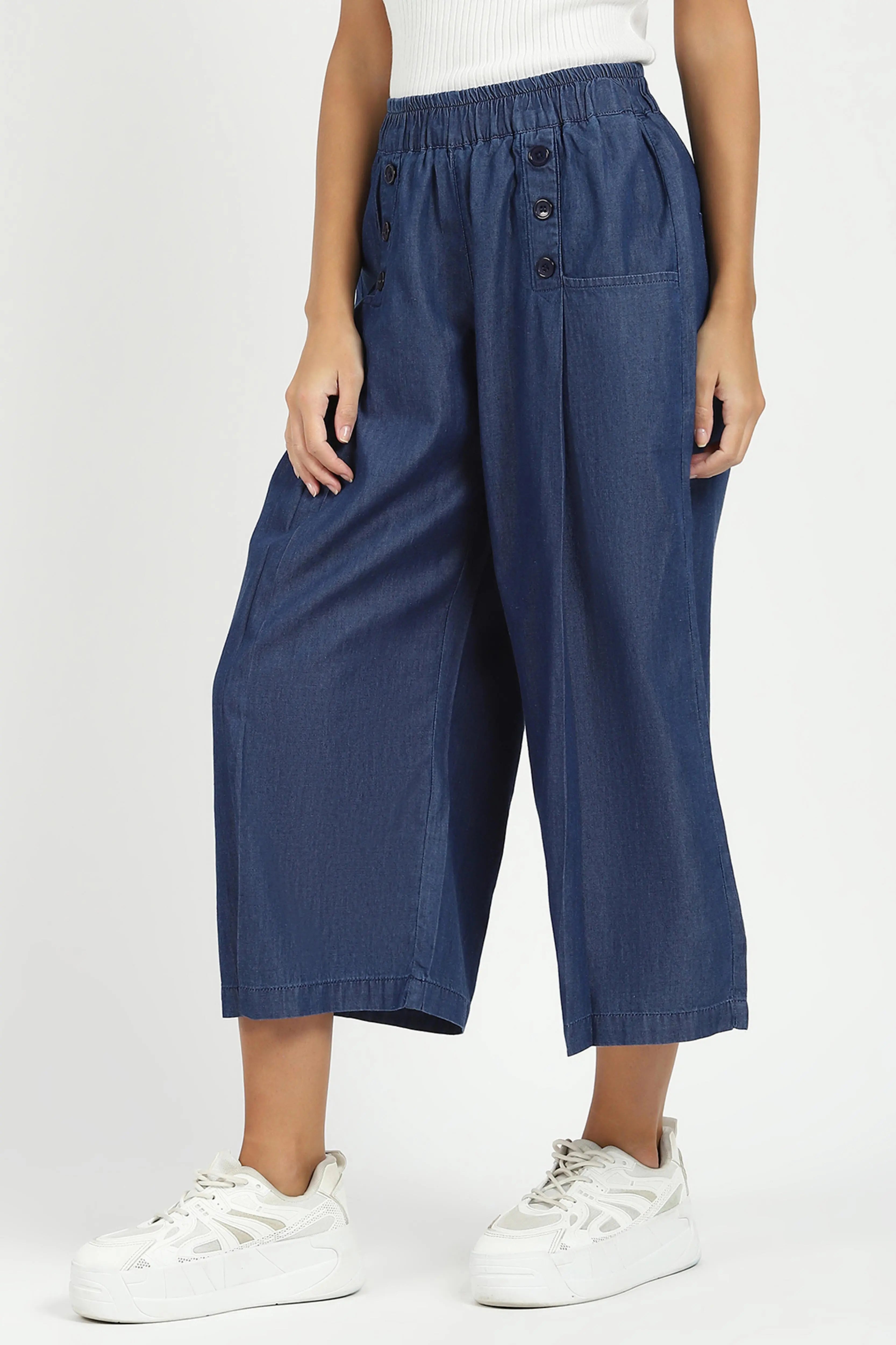 Blue Solid Cotton Blend Palazzo
