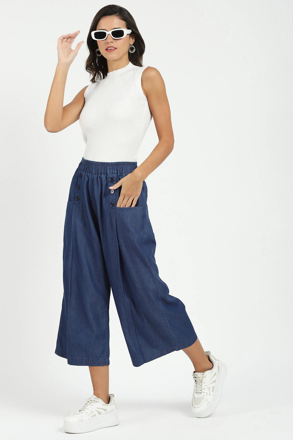 Blue Solid Cotton Blend Palazzo