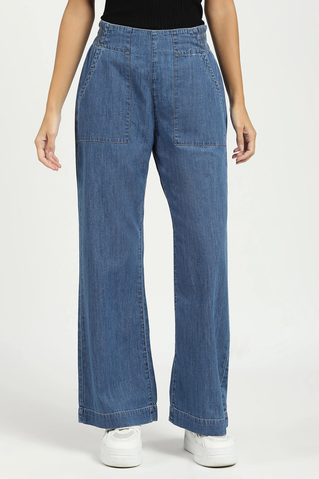 Blue Solid Cotton Blend Lower