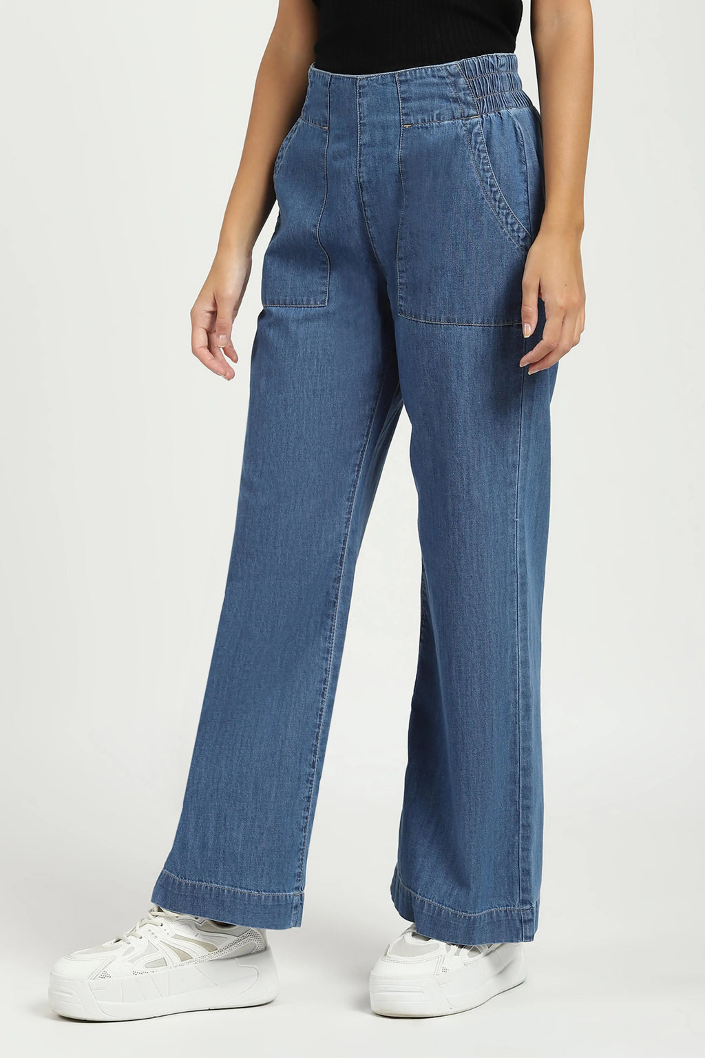 Blue Solid Cotton Blend Lower