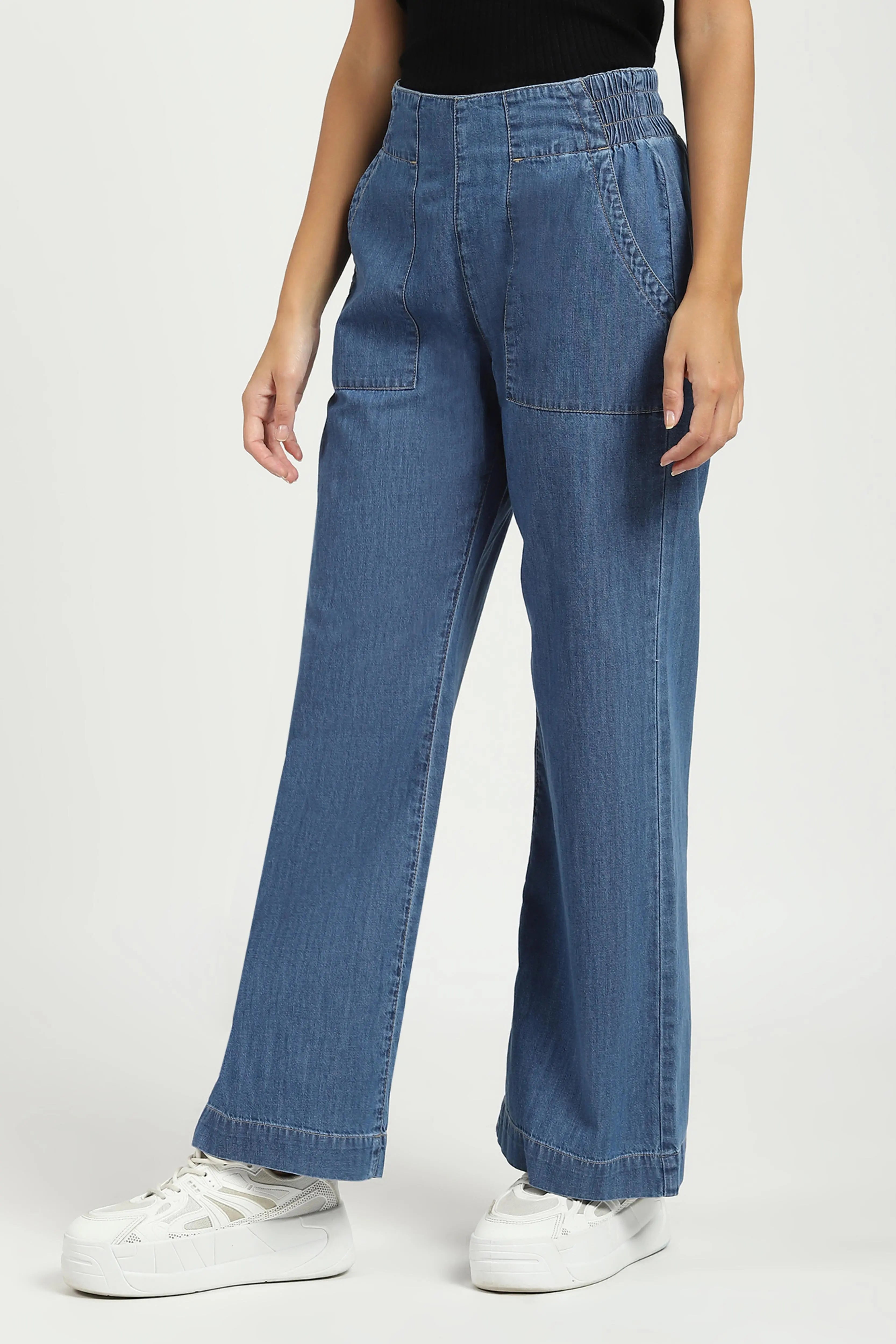 Blue Solid Cotton Blend Lower