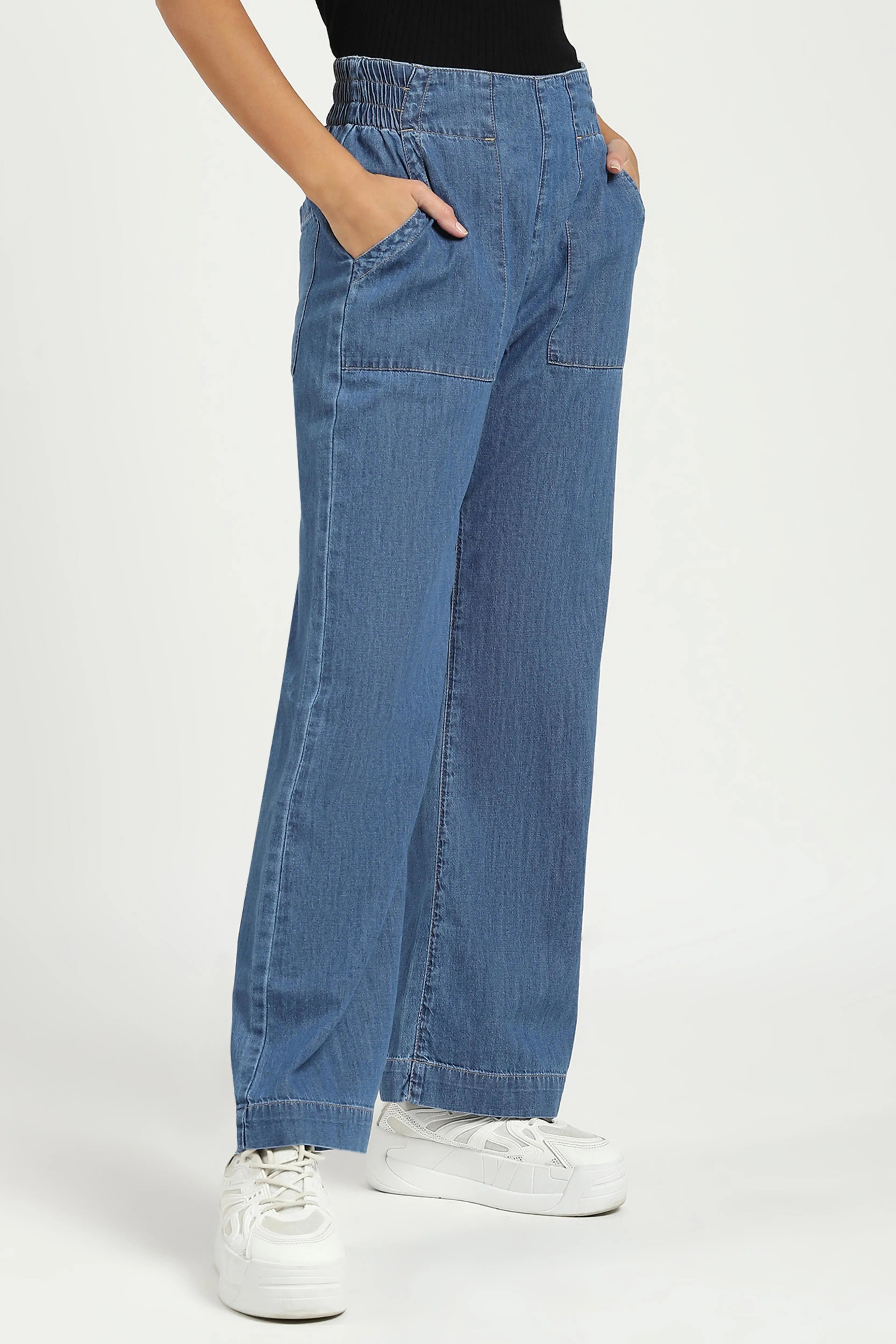 Blue Solid Cotton Blend Lower