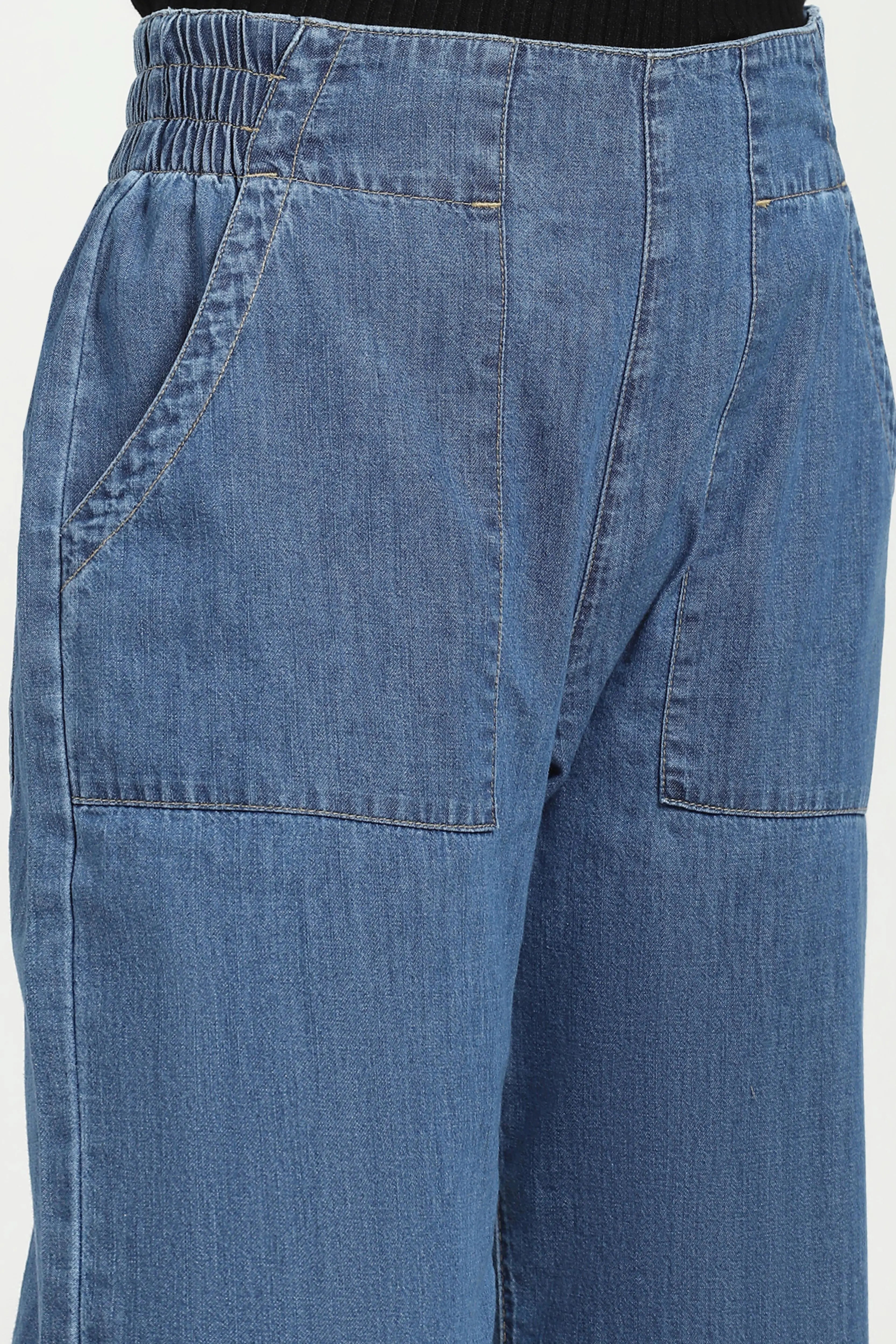 Blue Solid Cotton Blend Lower