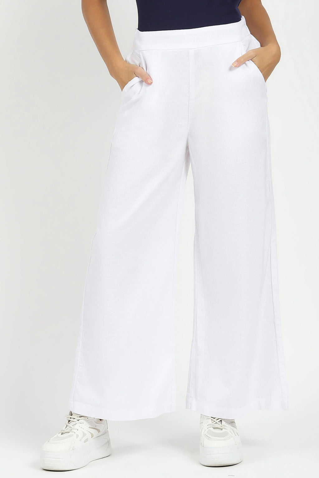 White Solid Cotton Blend Trousers