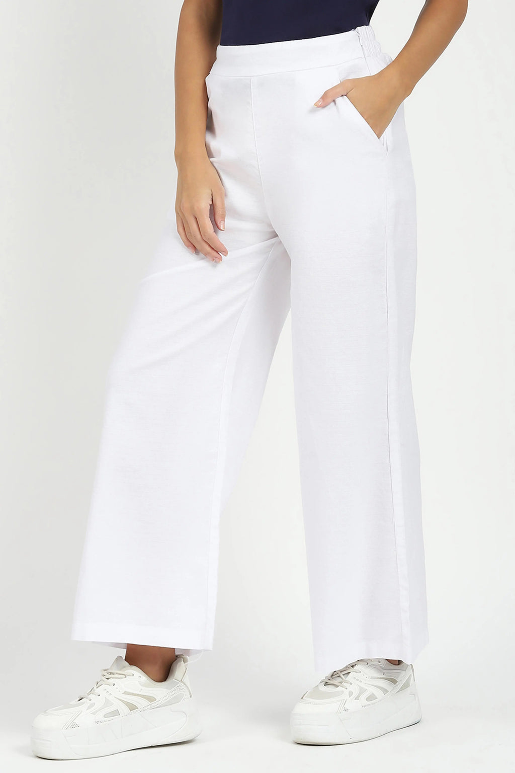 White Solid Cotton Blend Trousers