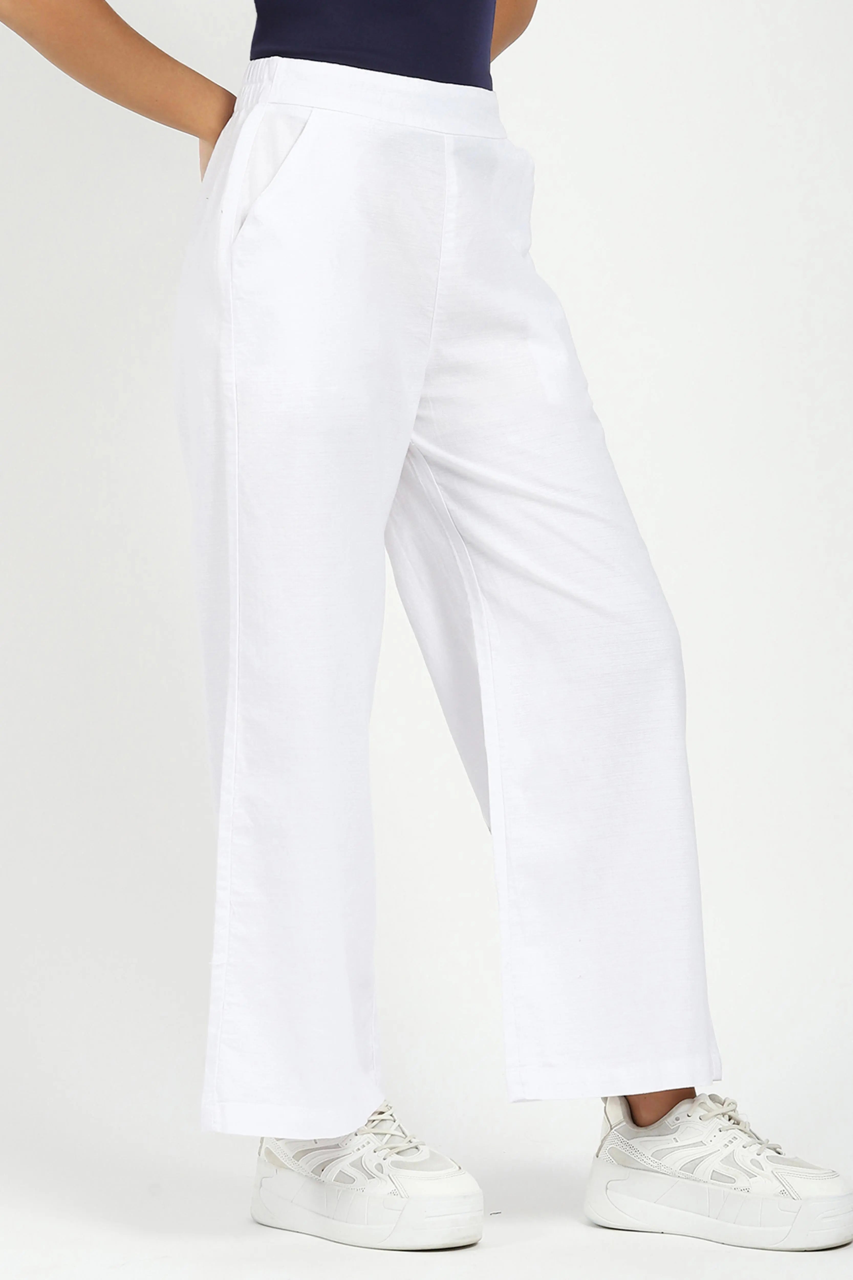 White Solid Cotton Blend Trousers