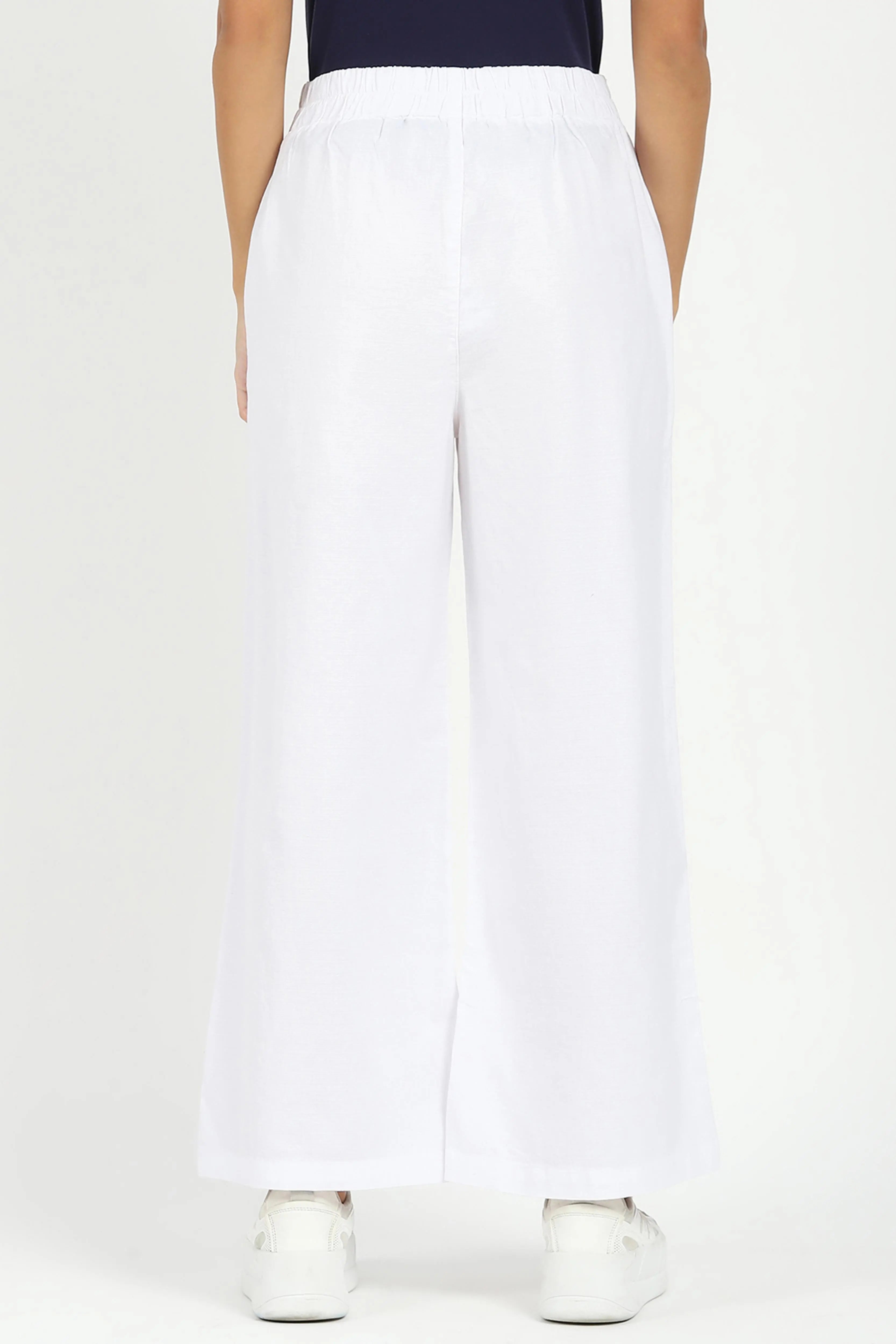White Solid Cotton Blend Trousers