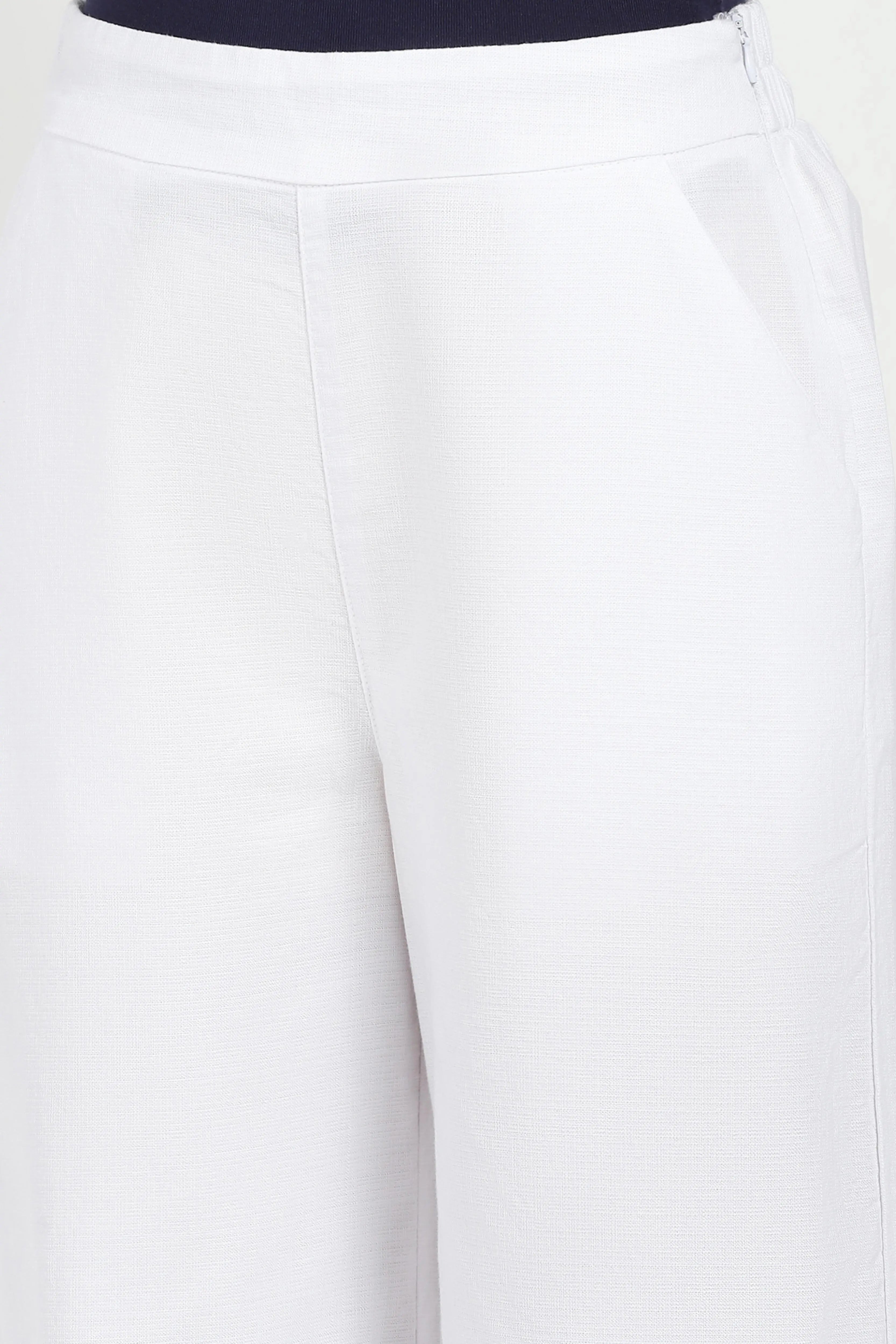 White Solid Cotton Blend Trousers