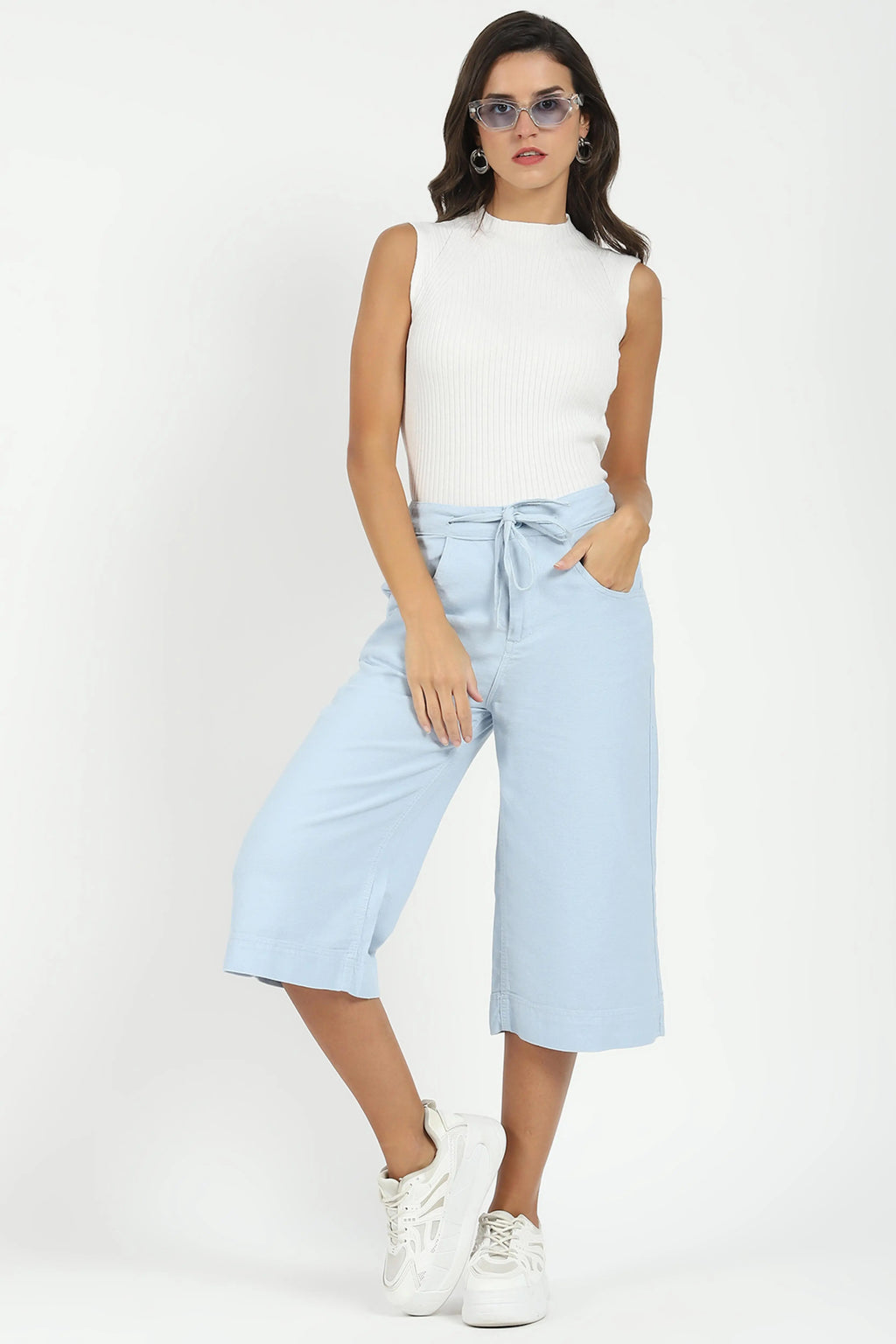 Blue Cotton Relaxed Fit Culottes
