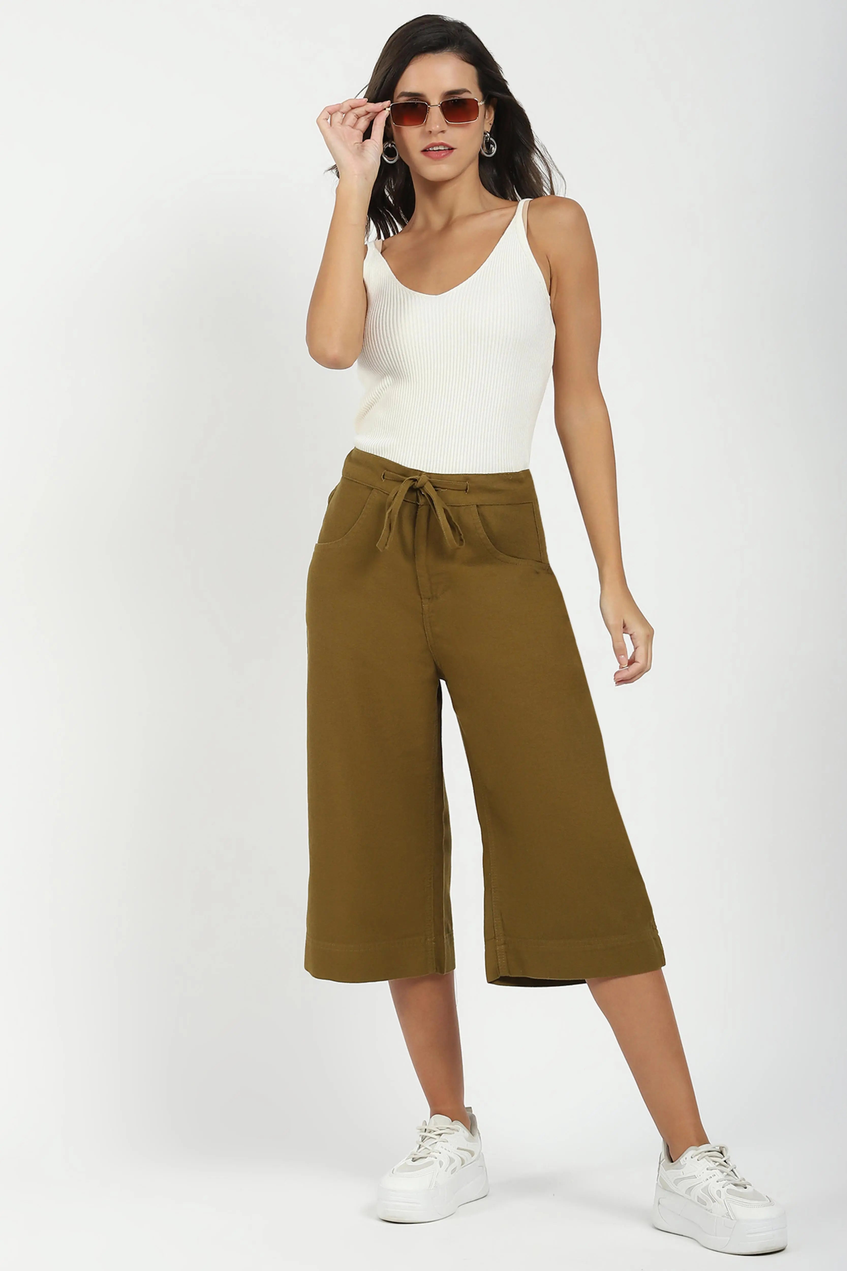 Olive Cotton Relaxed Fit Culottes