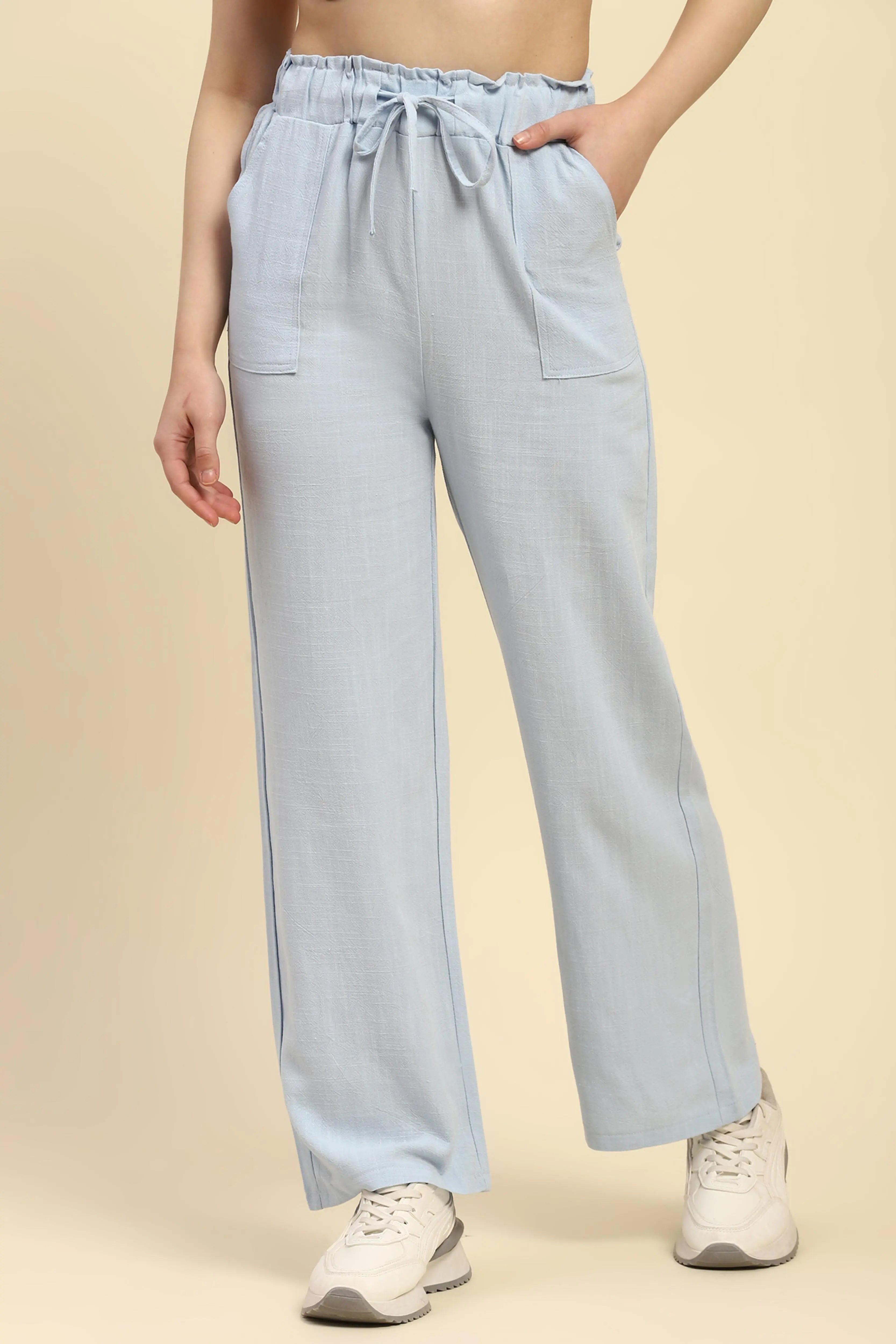 Blue Solid Cotton Linen Relaxed Lower