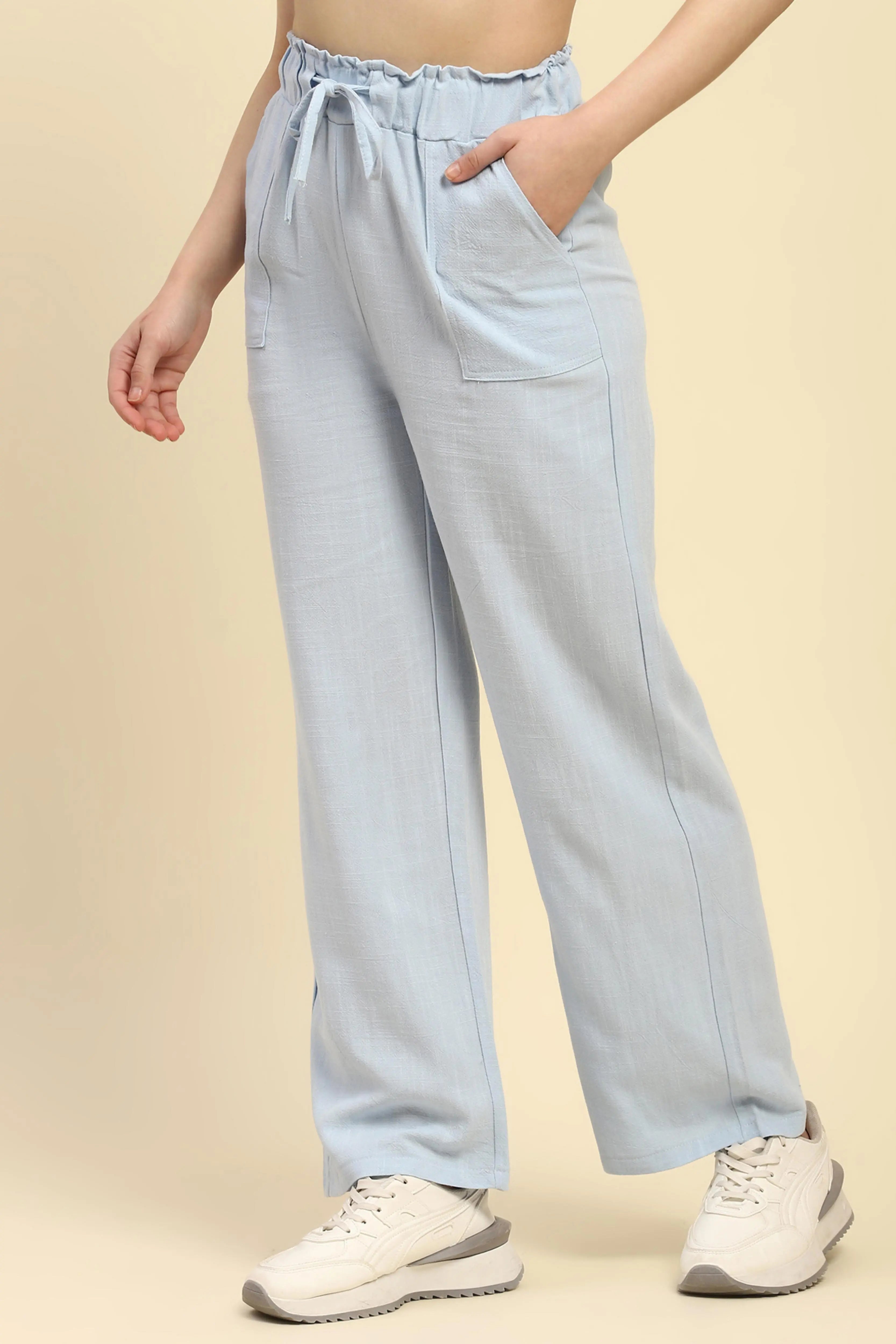 Blue Solid Cotton Linen Relaxed Lower