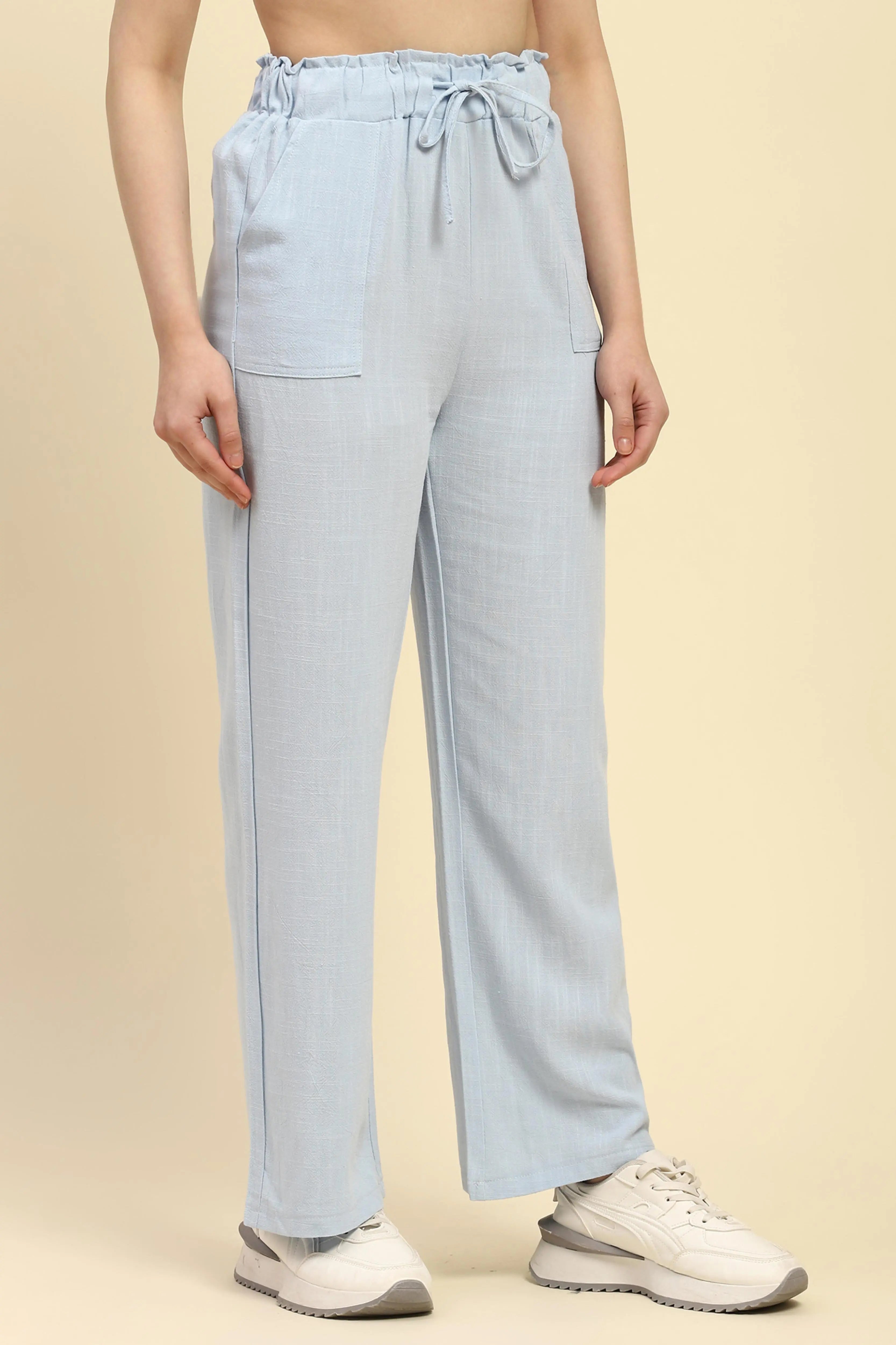 Blue Solid Cotton Linen Relaxed Lower