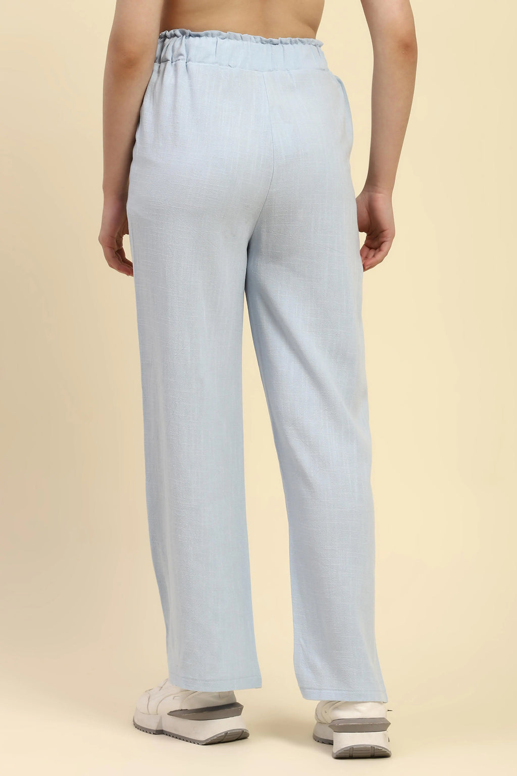 Blue Solid Cotton Linen Relaxed Lower