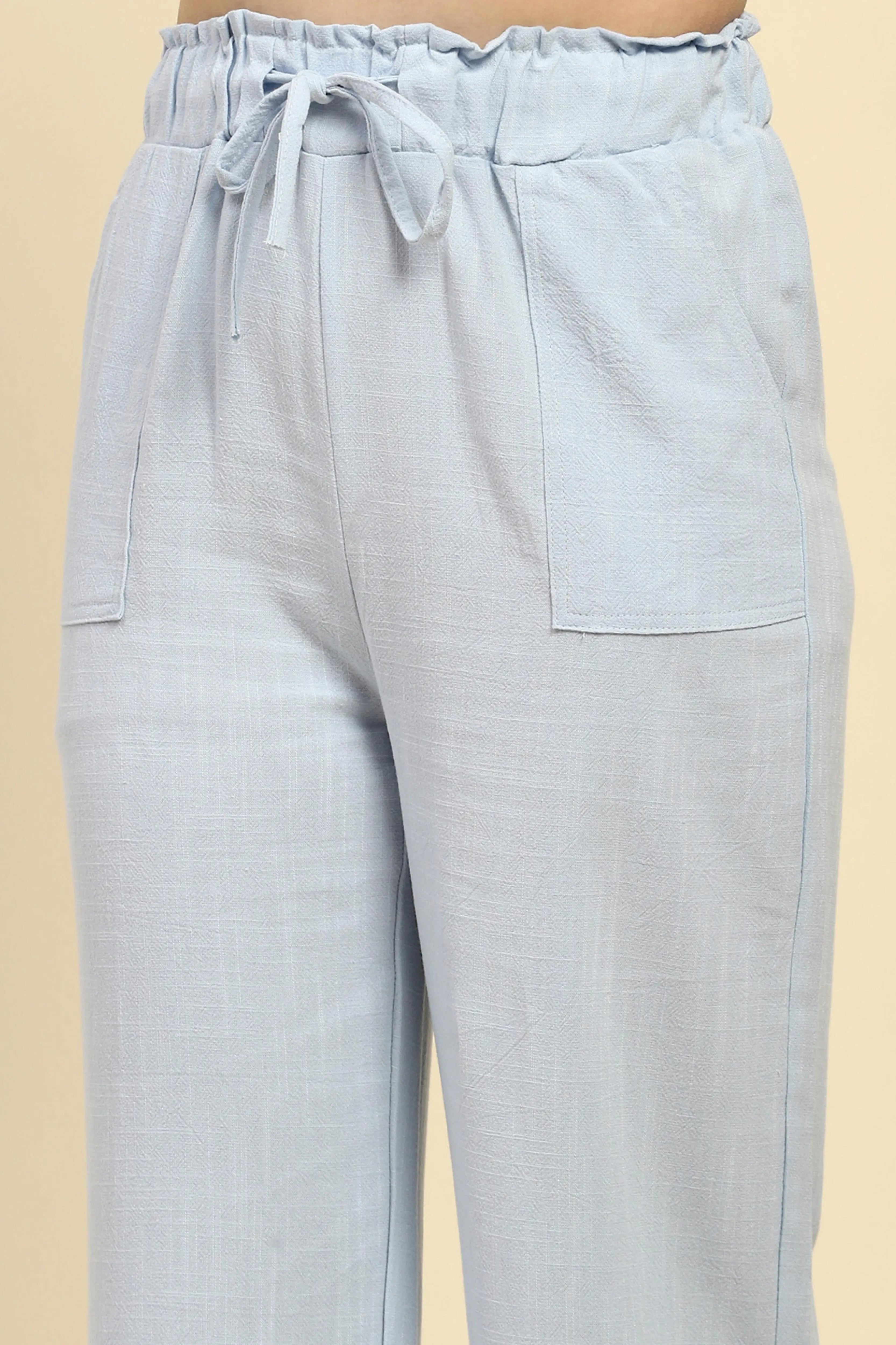 Blue Solid Cotton Linen Relaxed Lower