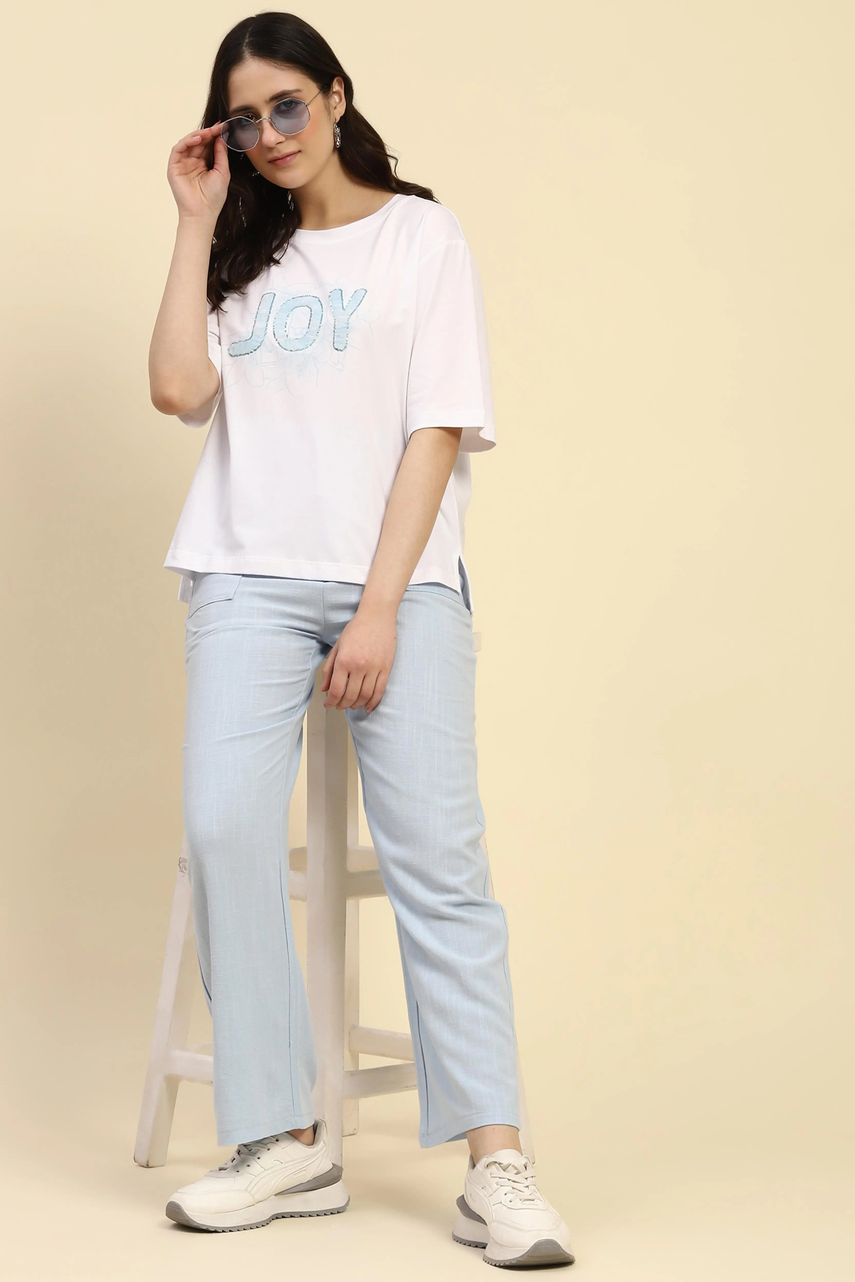 Blue Solid Cotton Linen Relaxed Lower