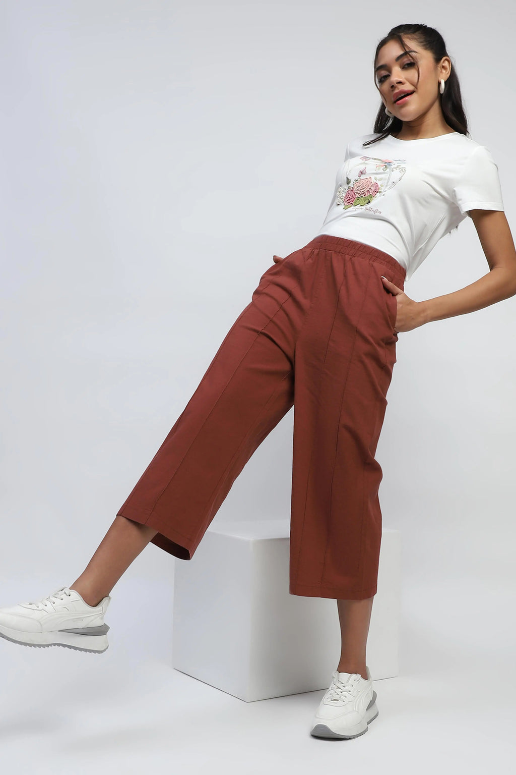 Brown Solid Cotton Relaxed Fit Lower