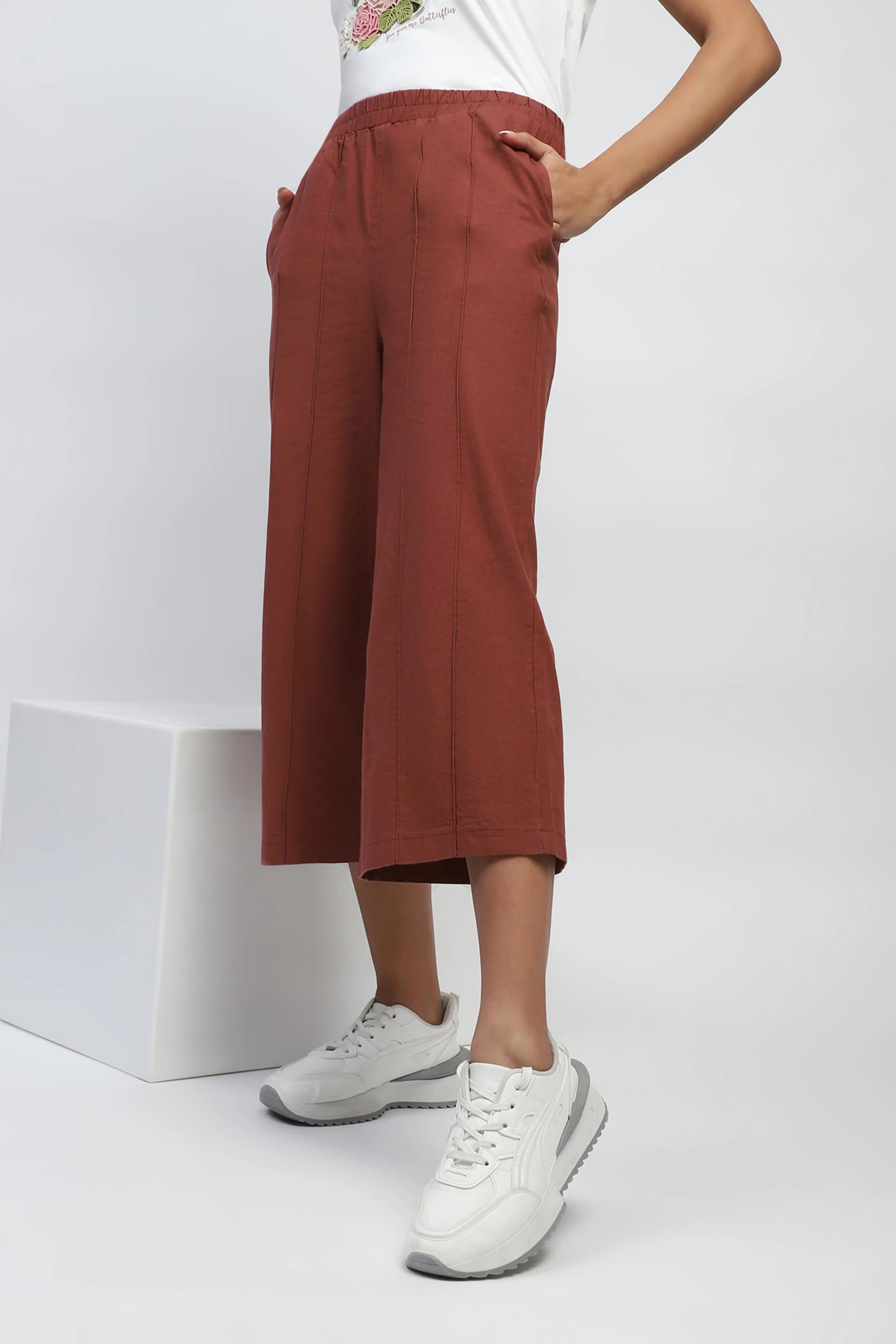 Brown Solid Cotton Relaxed Fit Lower