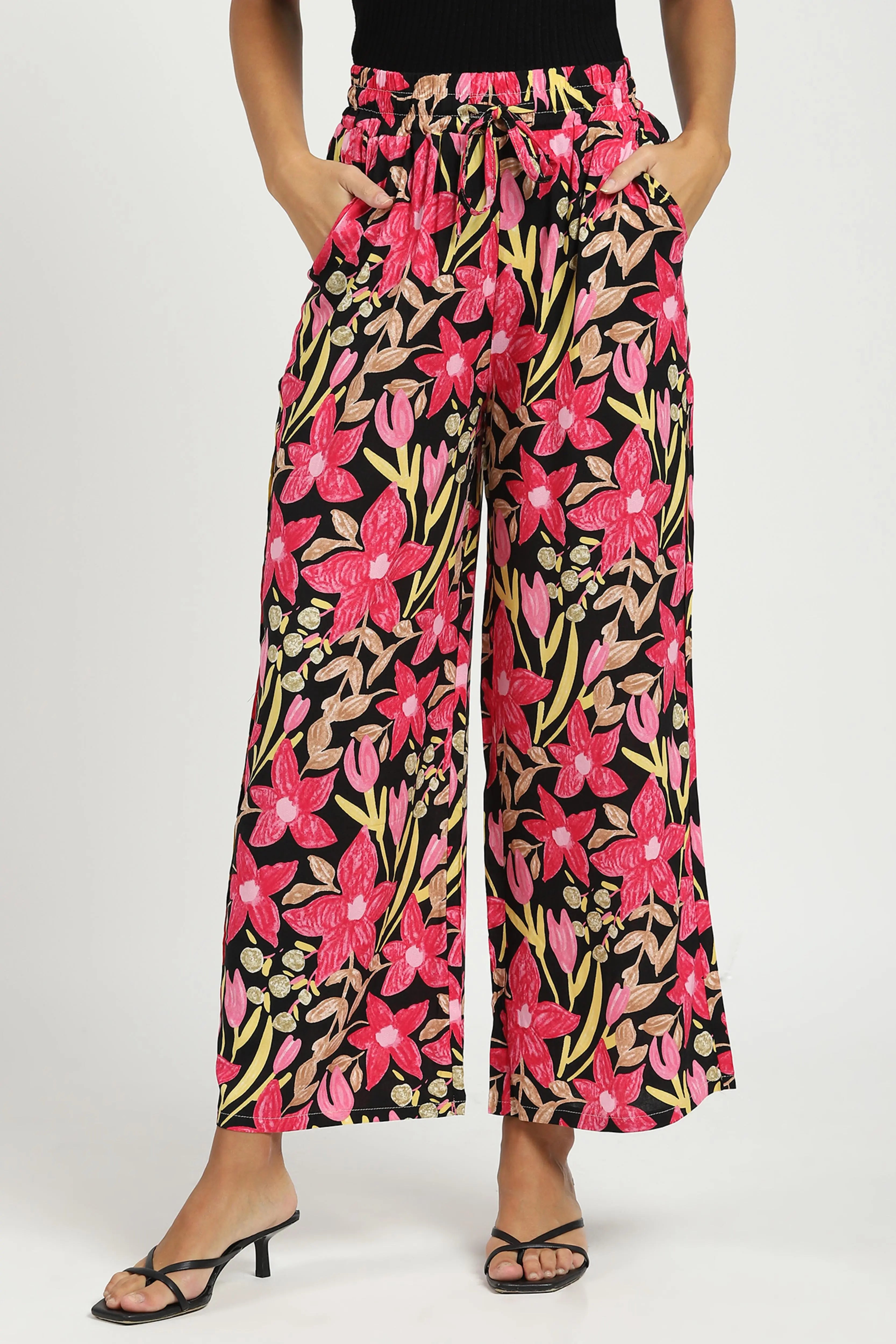 Black & Pink Printed Rayon Lower
