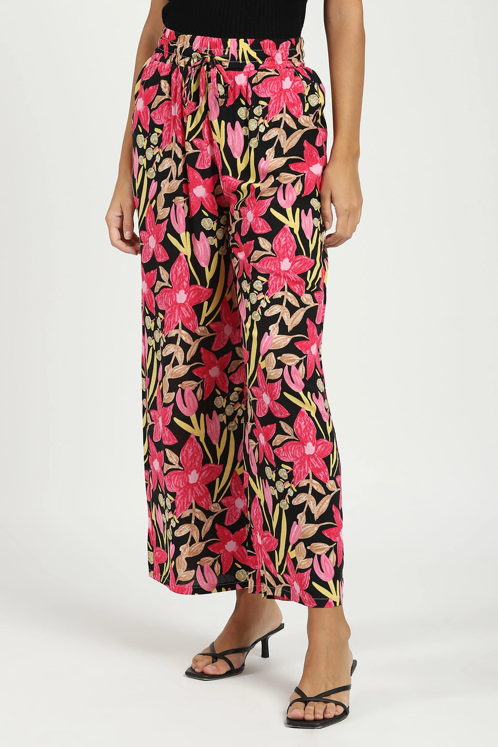 Black & Pink Printed Rayon Lower
