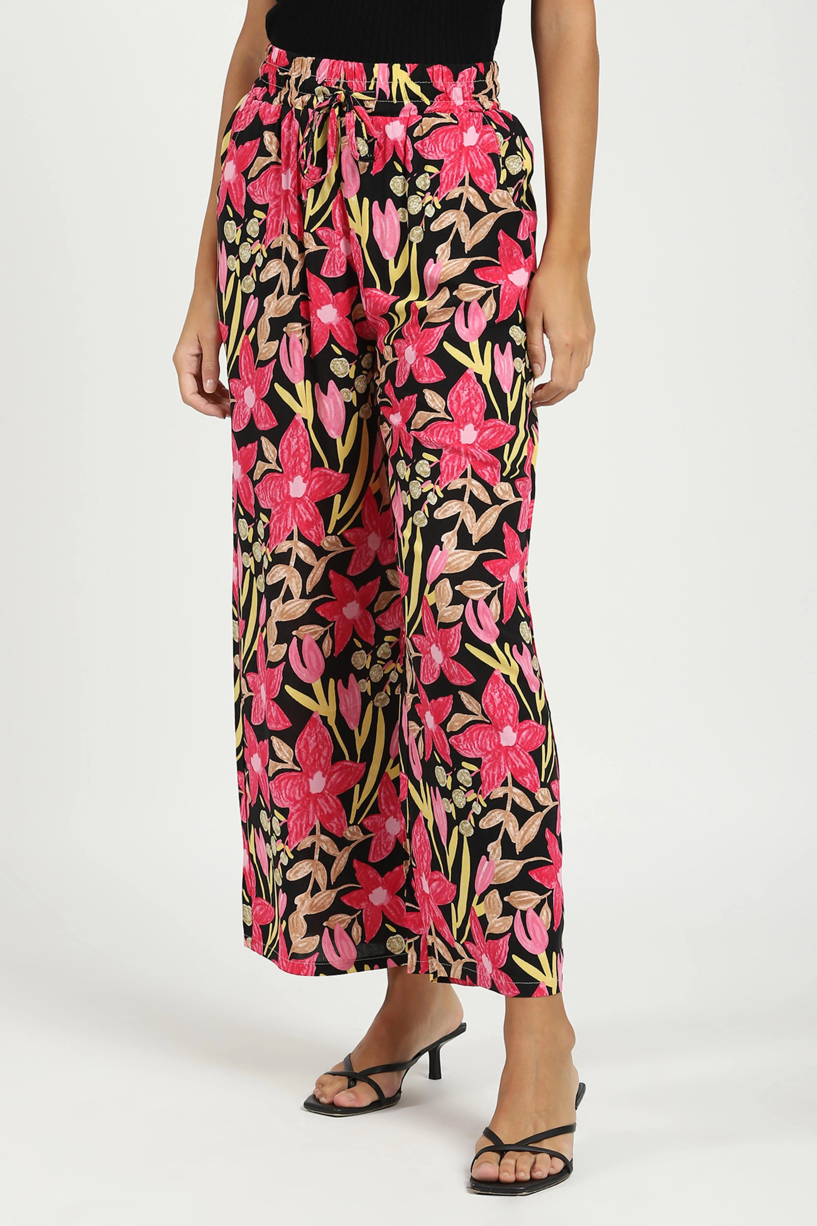 Black & Pink Printed Rayon Lower
