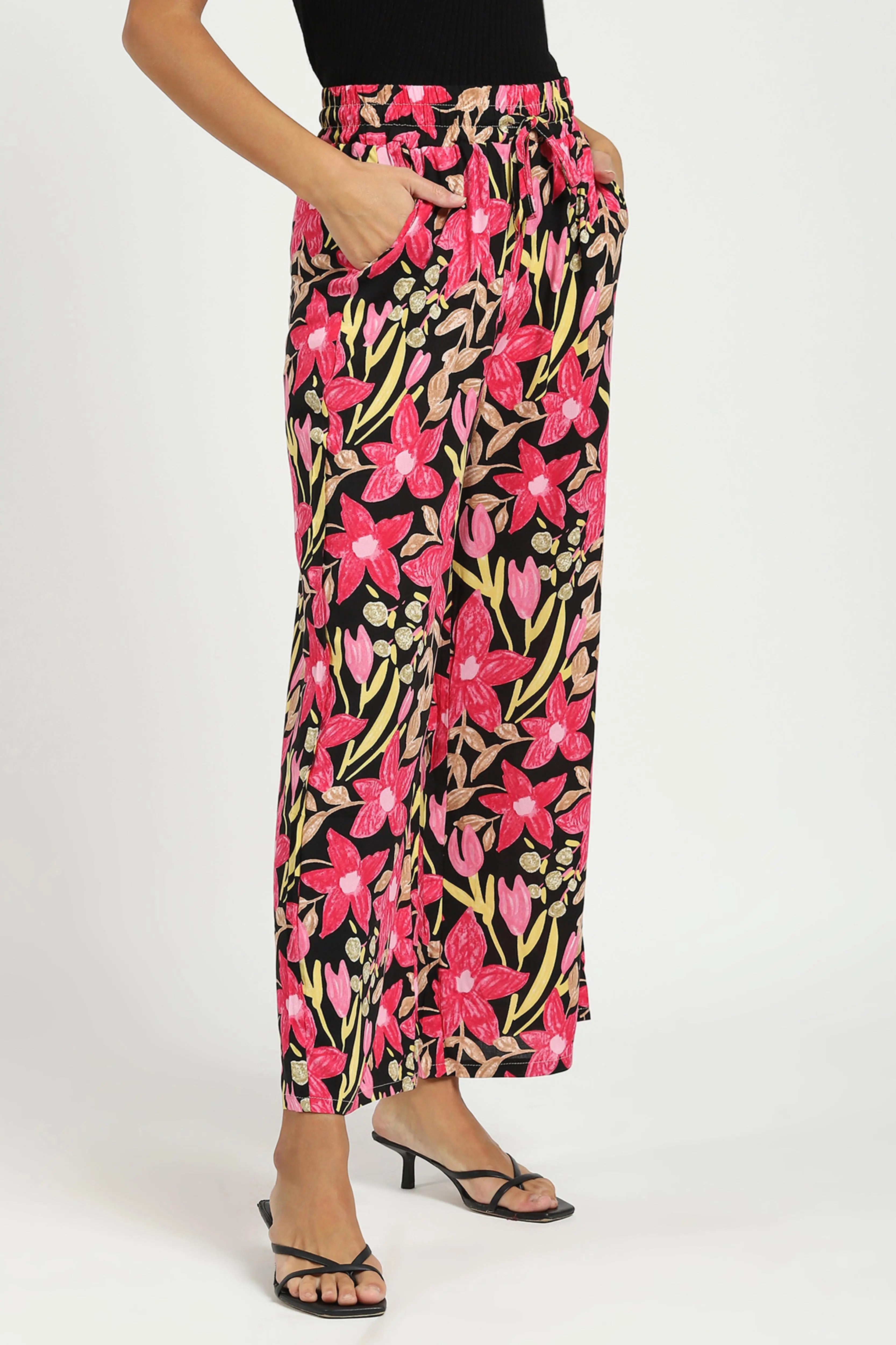 Black & Pink Printed Rayon Lower