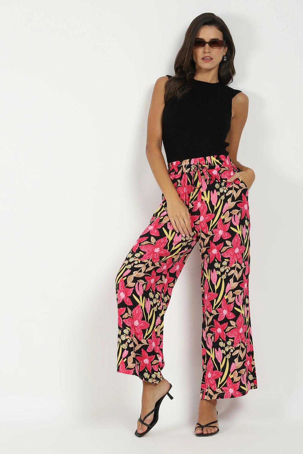 Black & Pink Printed Rayon Lower