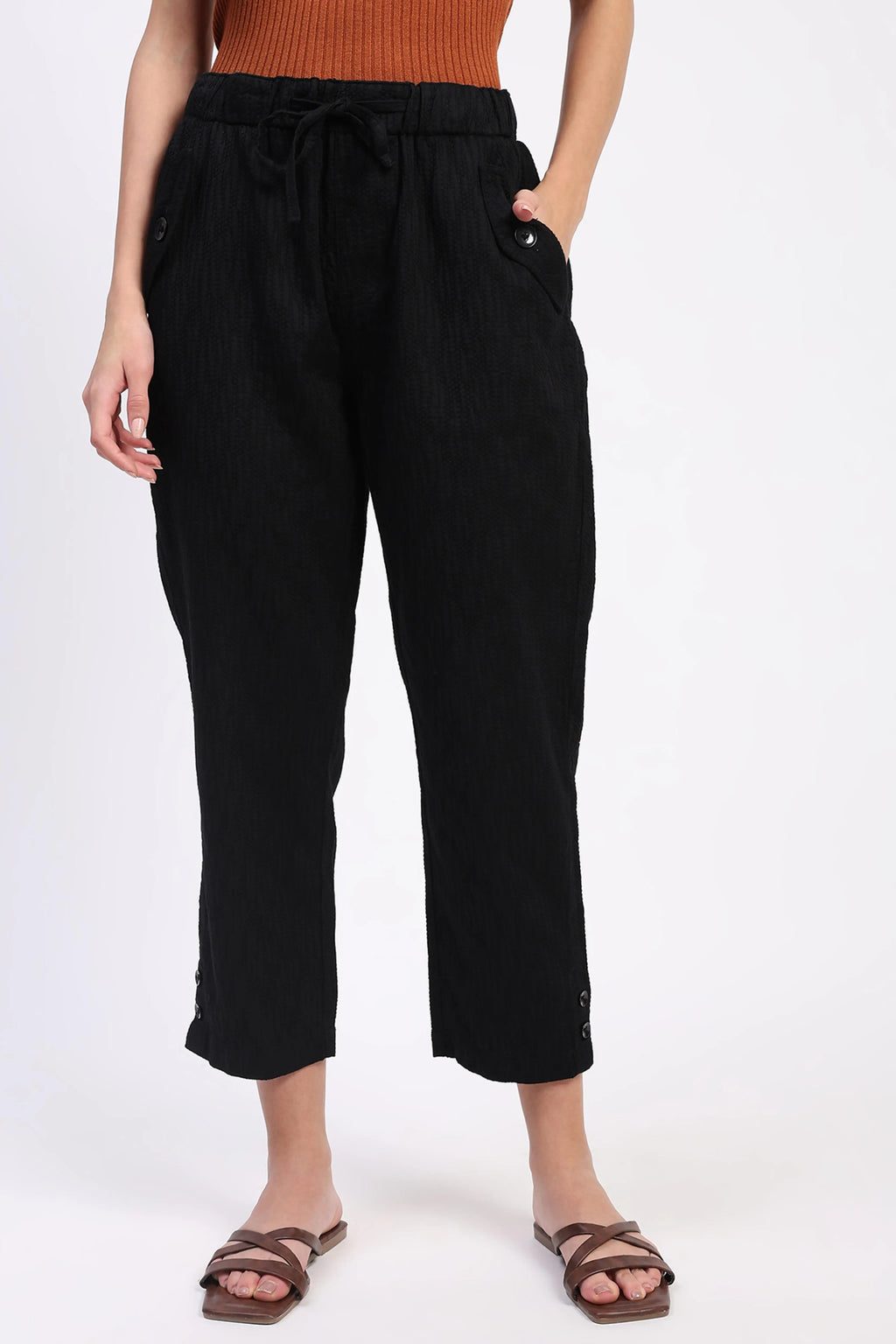 Black Embroidered Cotton Ankle Lower