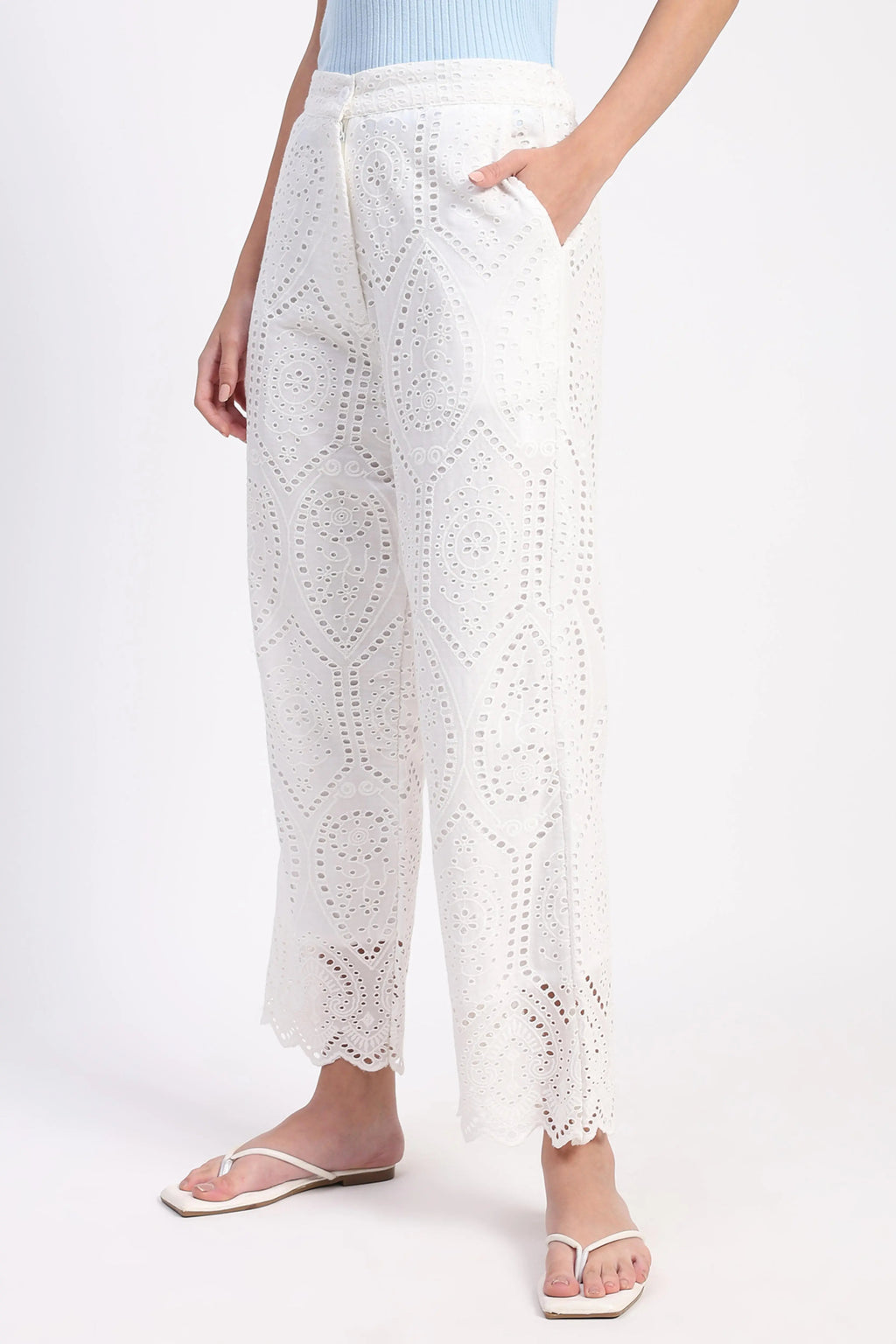 Cream Embroidered Schiffli Trouser