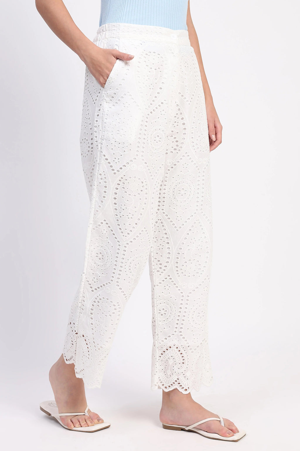 Cream Embroidered Schiffli Trouser