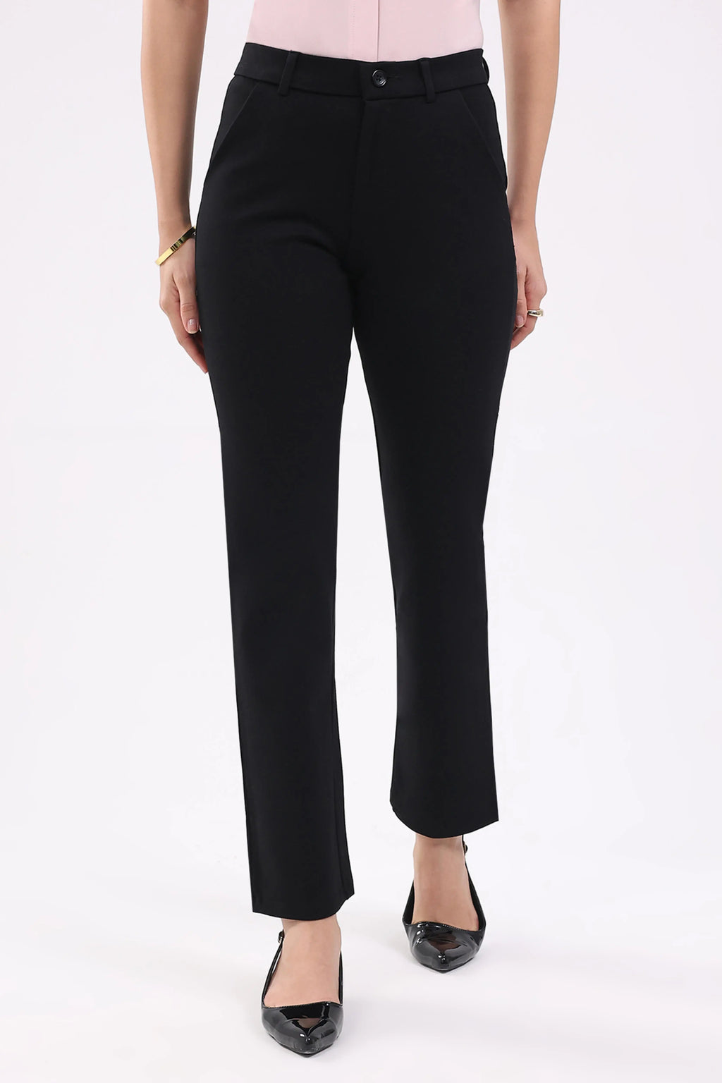Black Straight Cotton Spandex Trousers