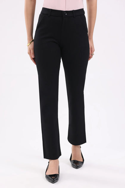 Black Straight Cotton Spandex Trousers