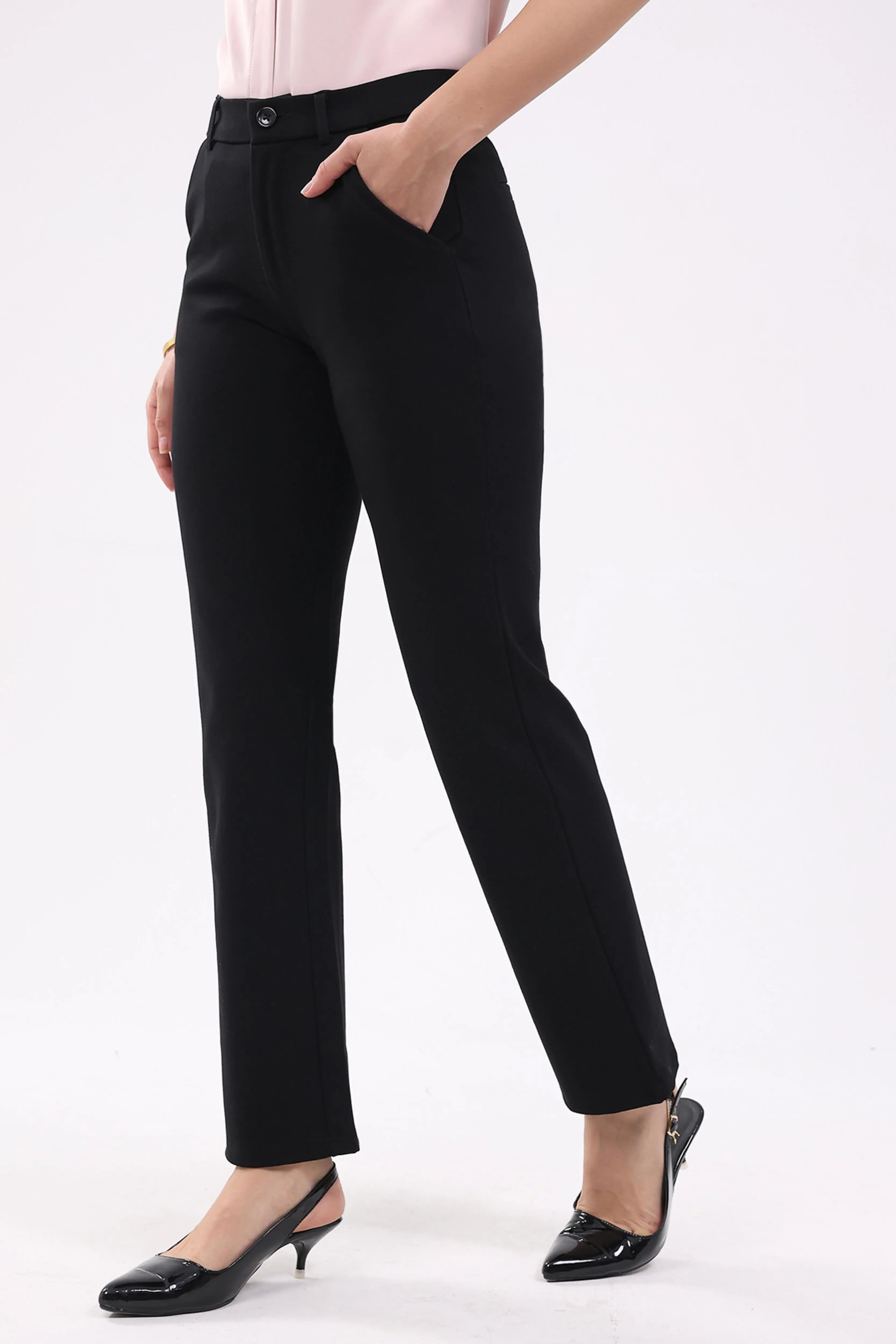 Black Straight Cotton Spandex Trousers