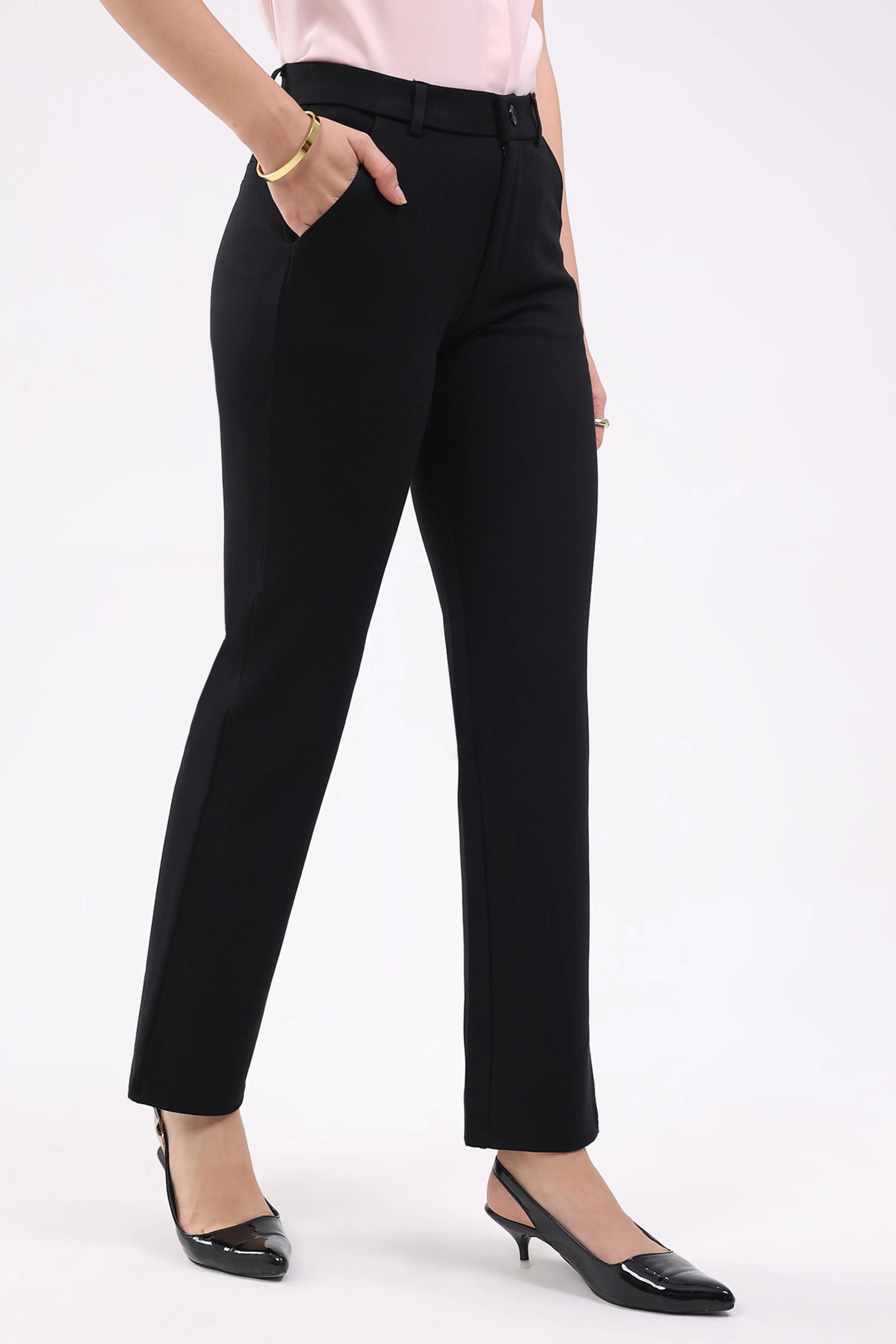 Black Straight Cotton Spandex Trousers