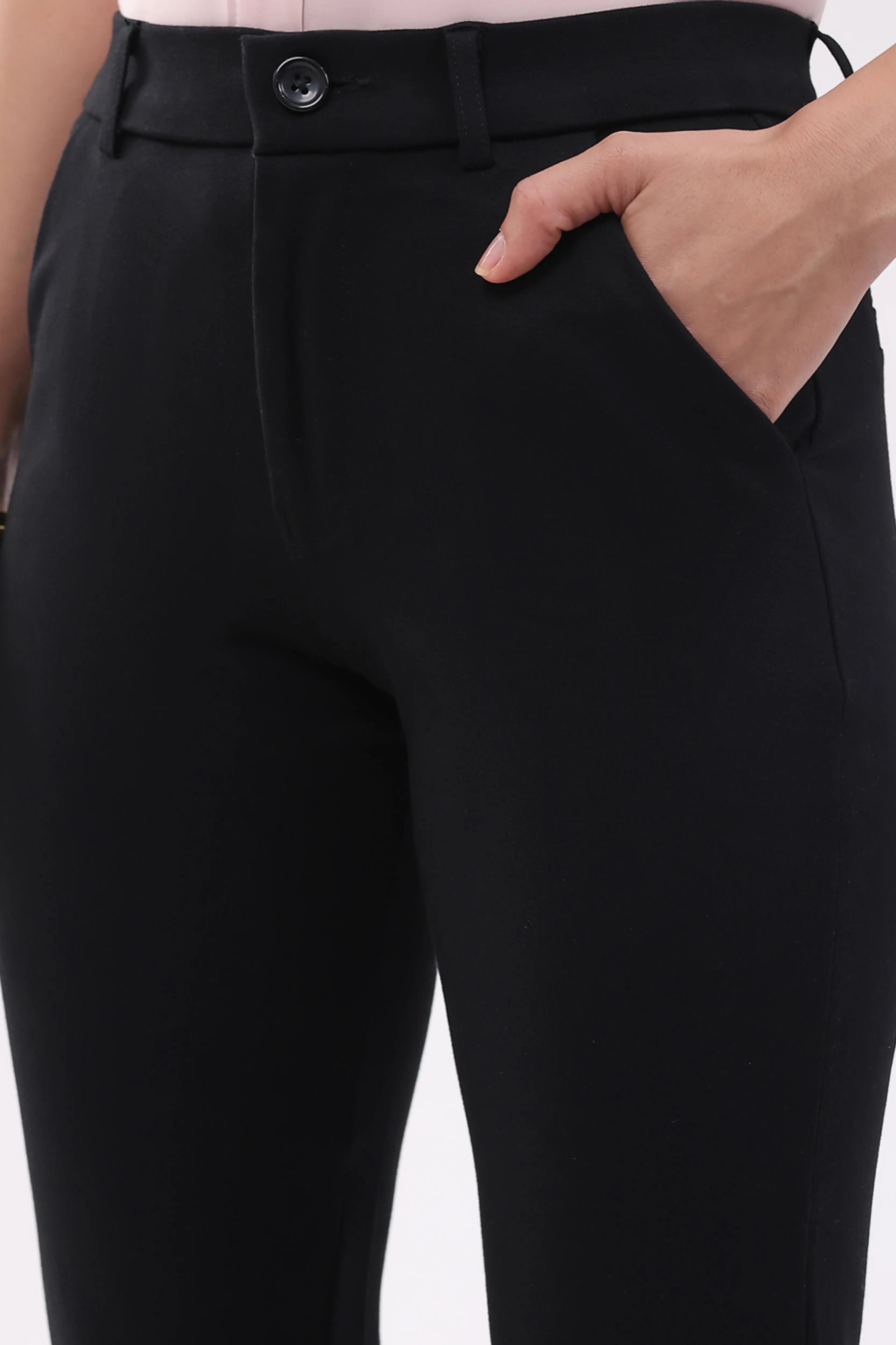 Black Straight Cotton Spandex Trousers