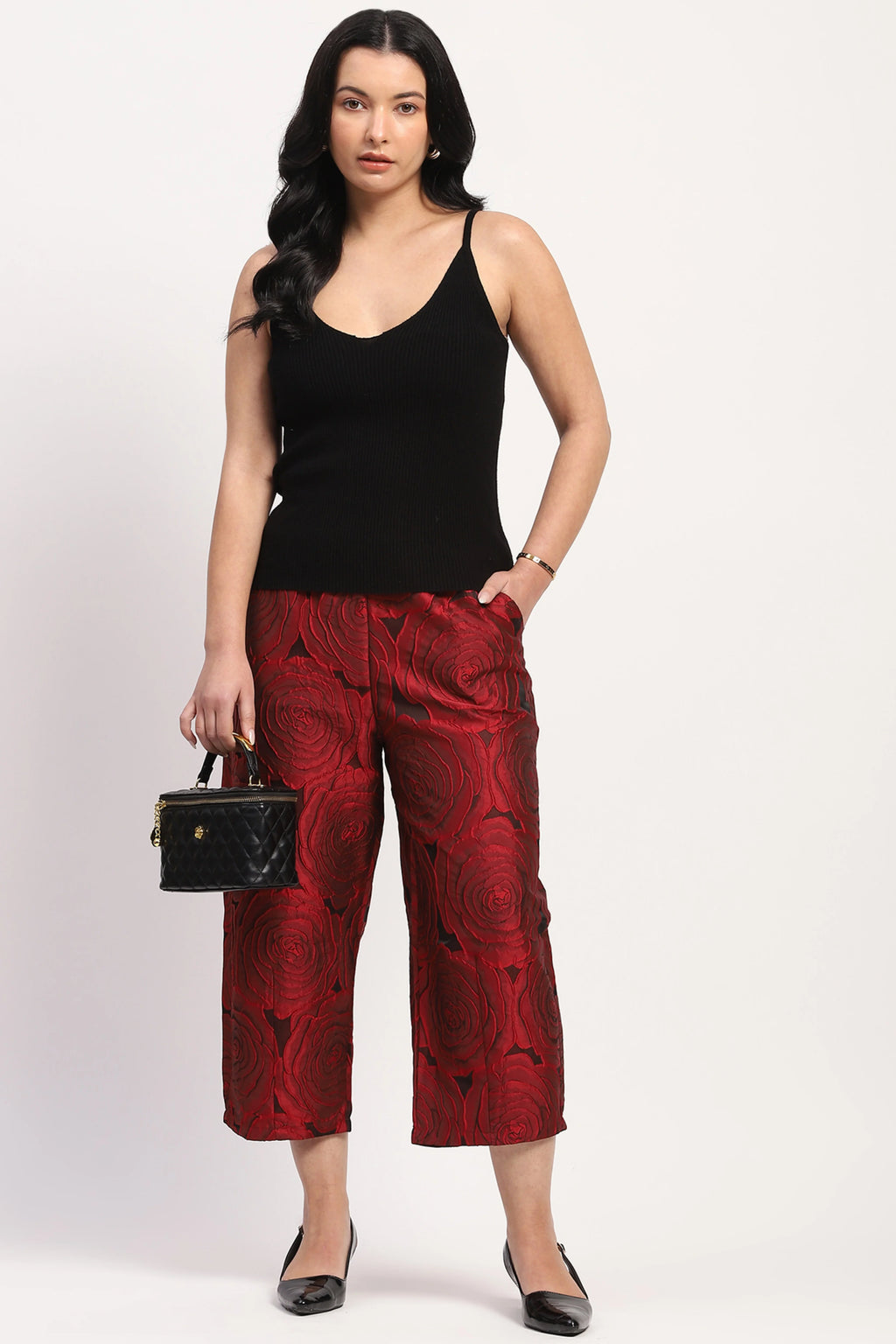 Red Floral Embossed Casual Lower