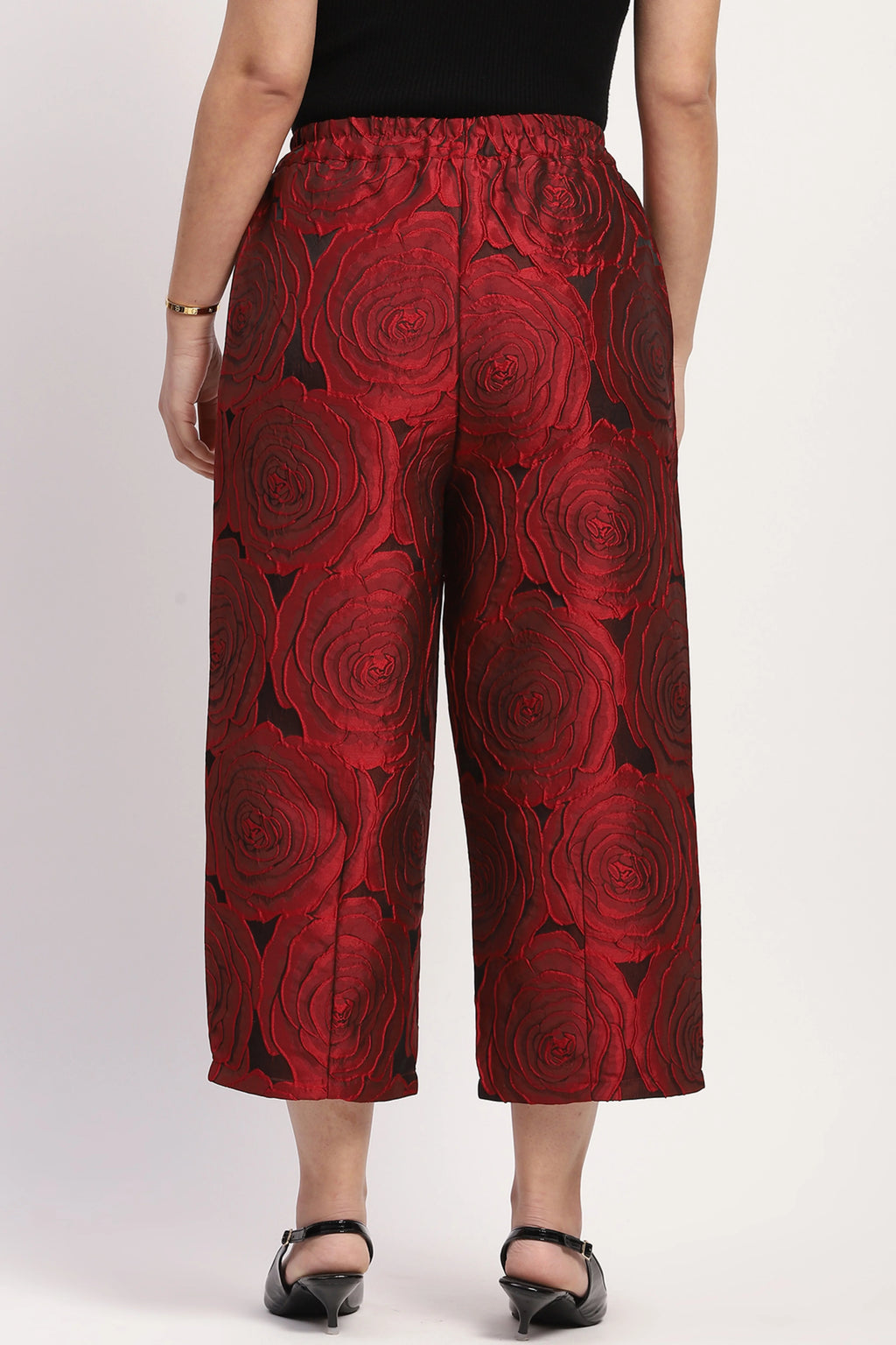 Red Floral Embossed Casual Lower