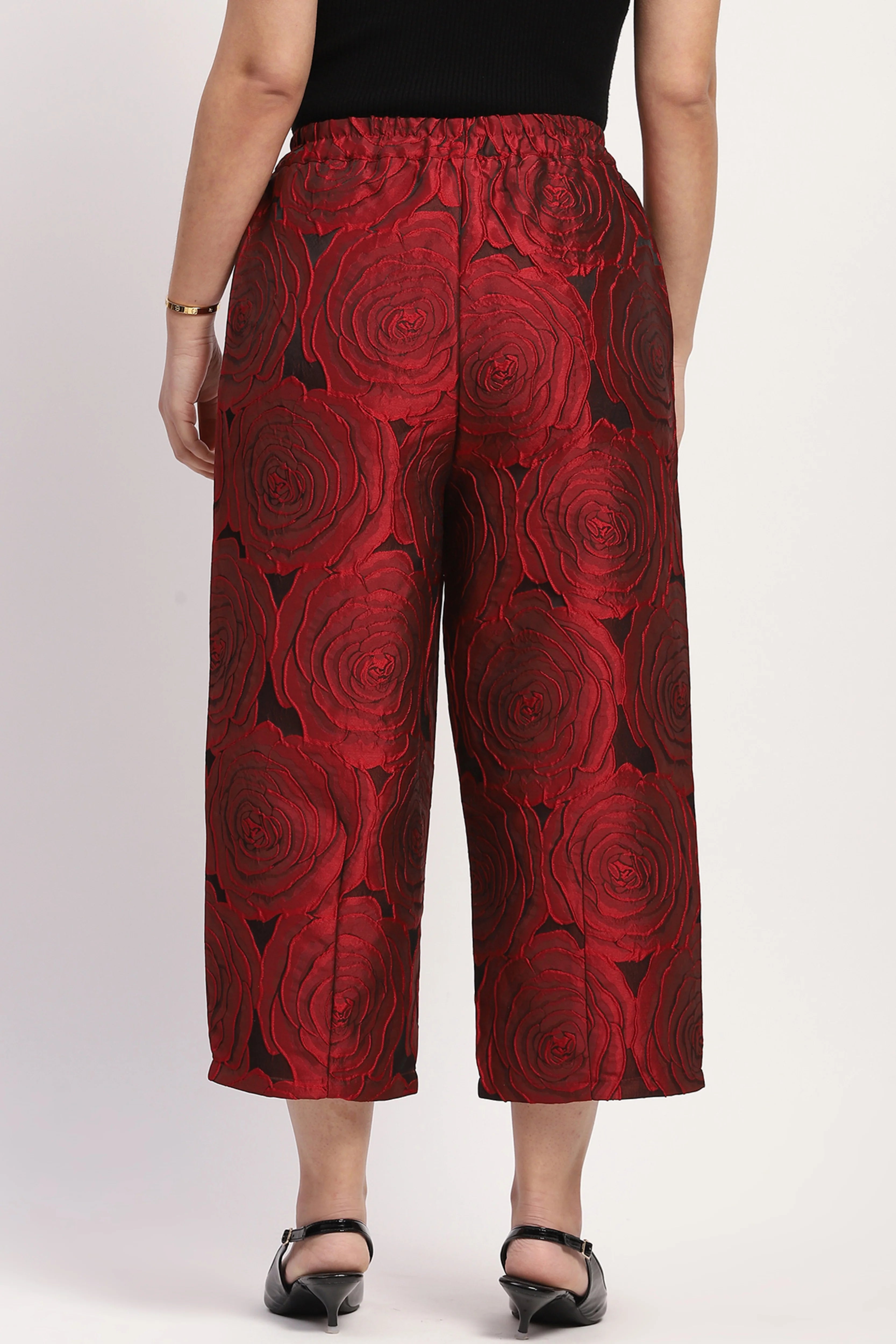 Red Floral Embossed Casual Lower