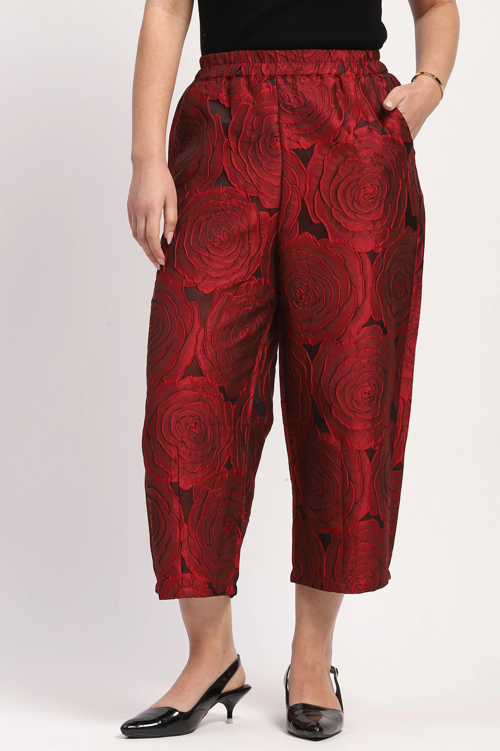 Red Floral Embossed Casual Lower