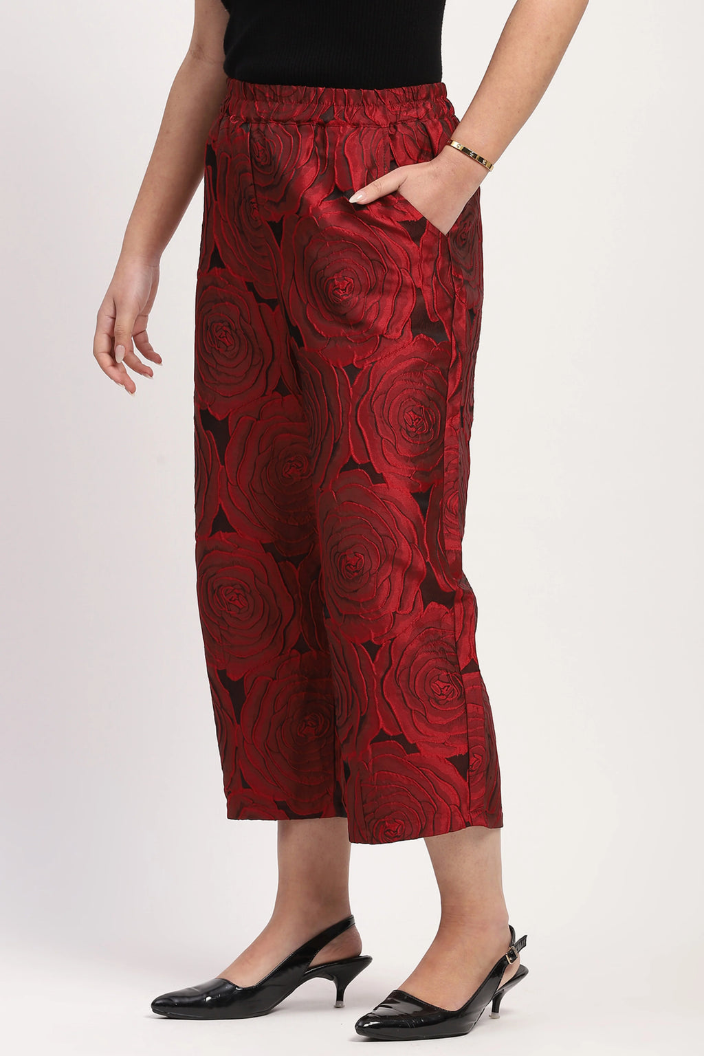 Red Floral Embossed Casual Lower