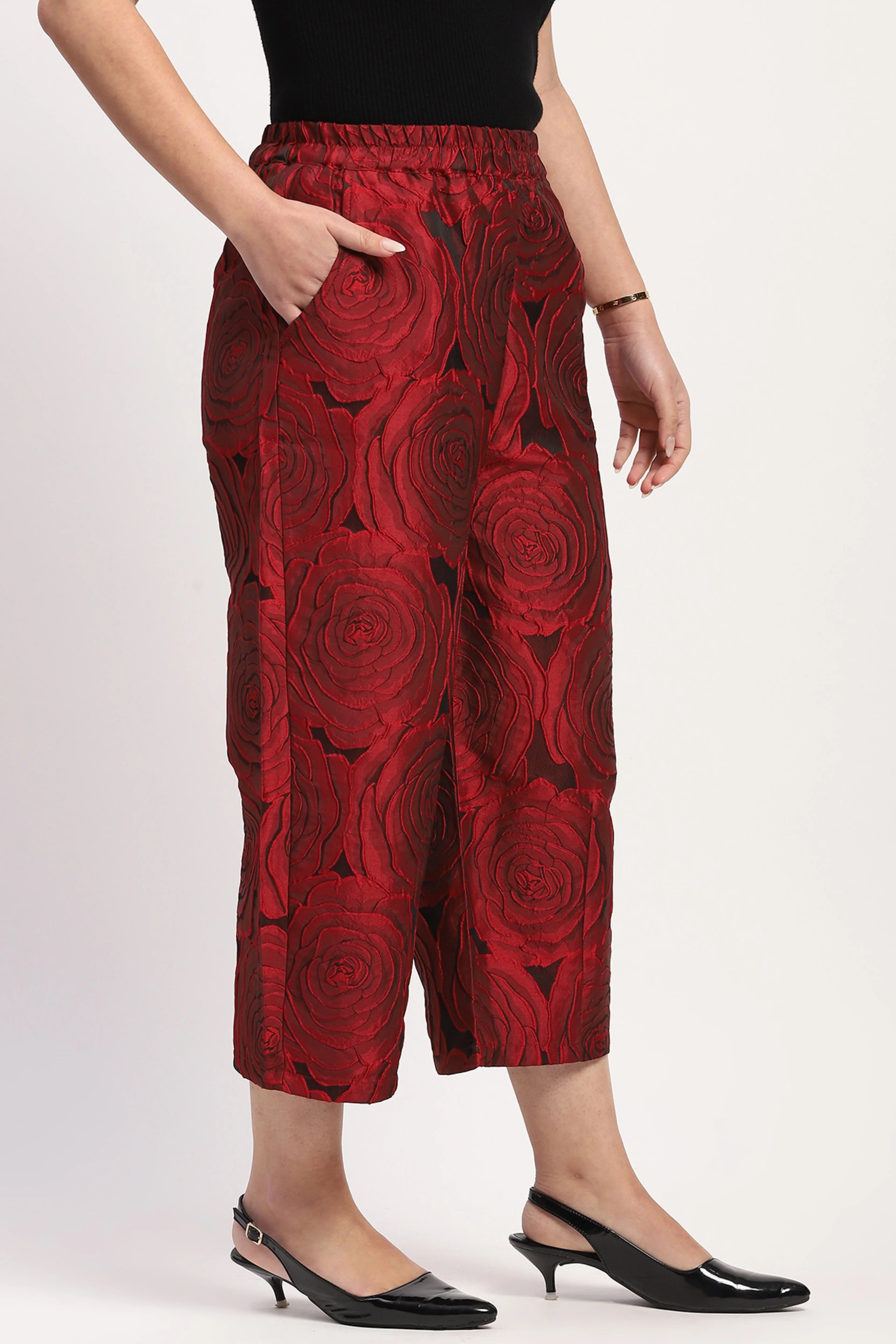 Red Floral Embossed Casual Lower