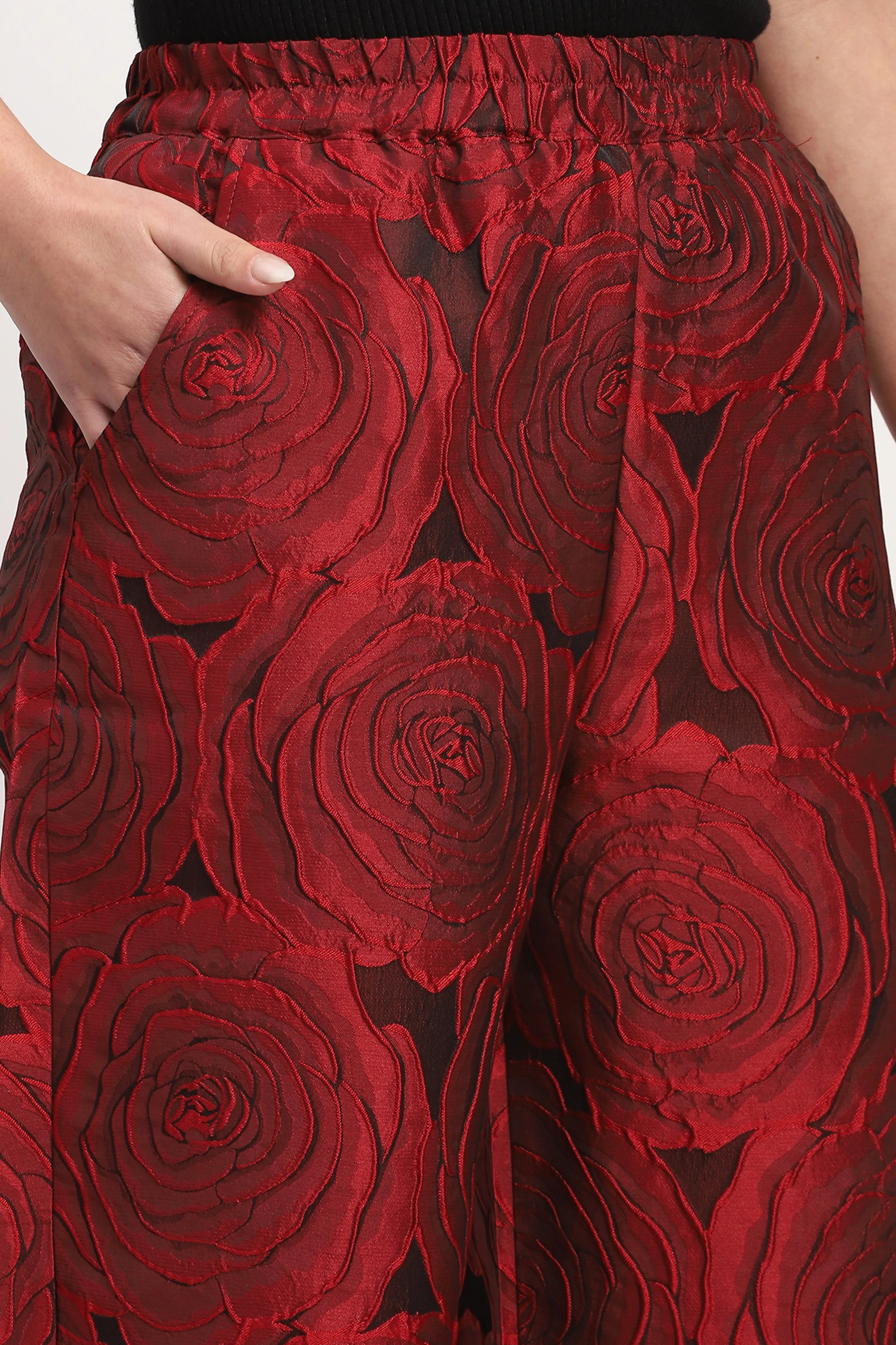 Red Floral Embossed Casual Lower