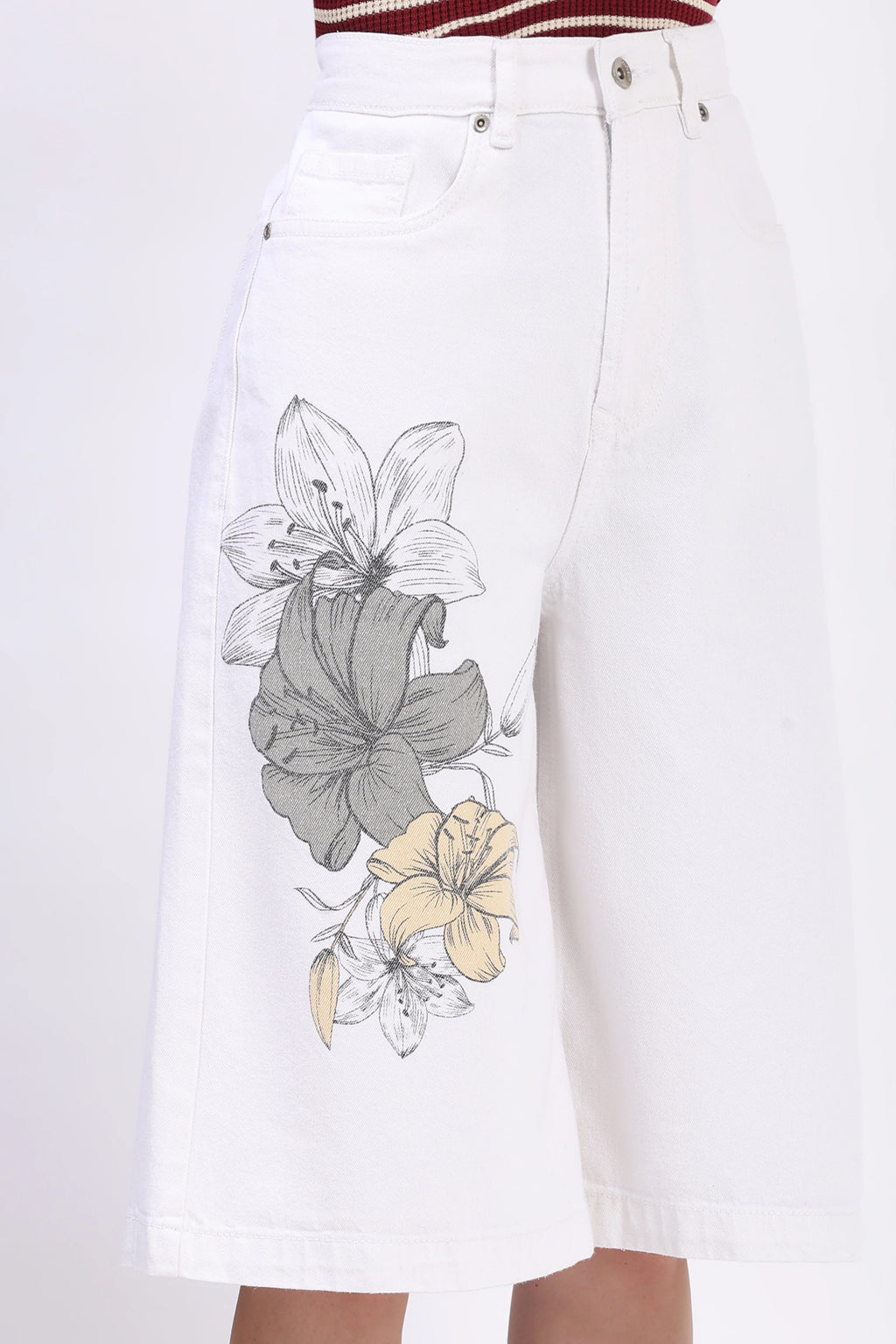 White Floral Print Cotton Culottes