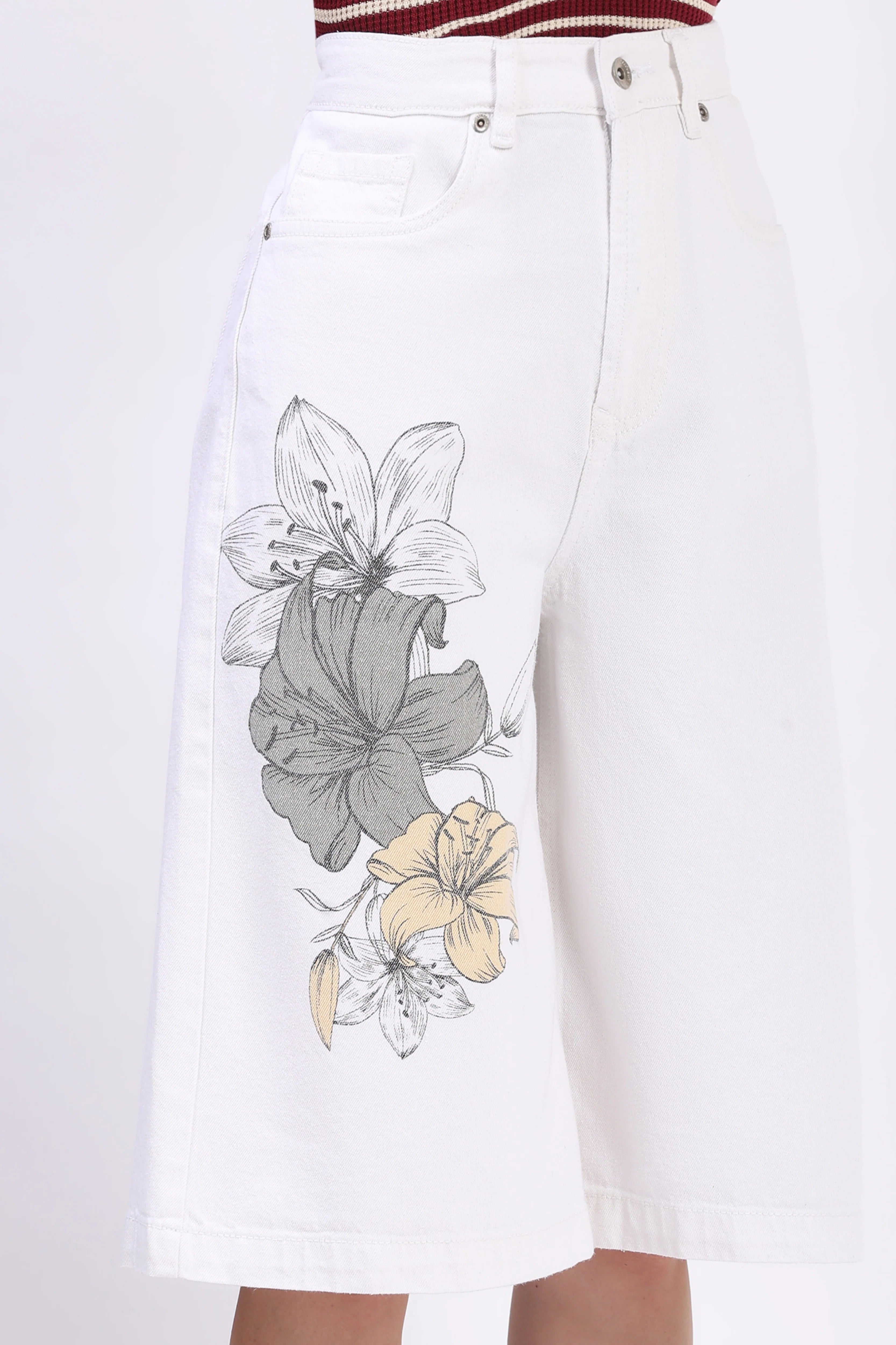 White Floral Print Cotton Culottes
