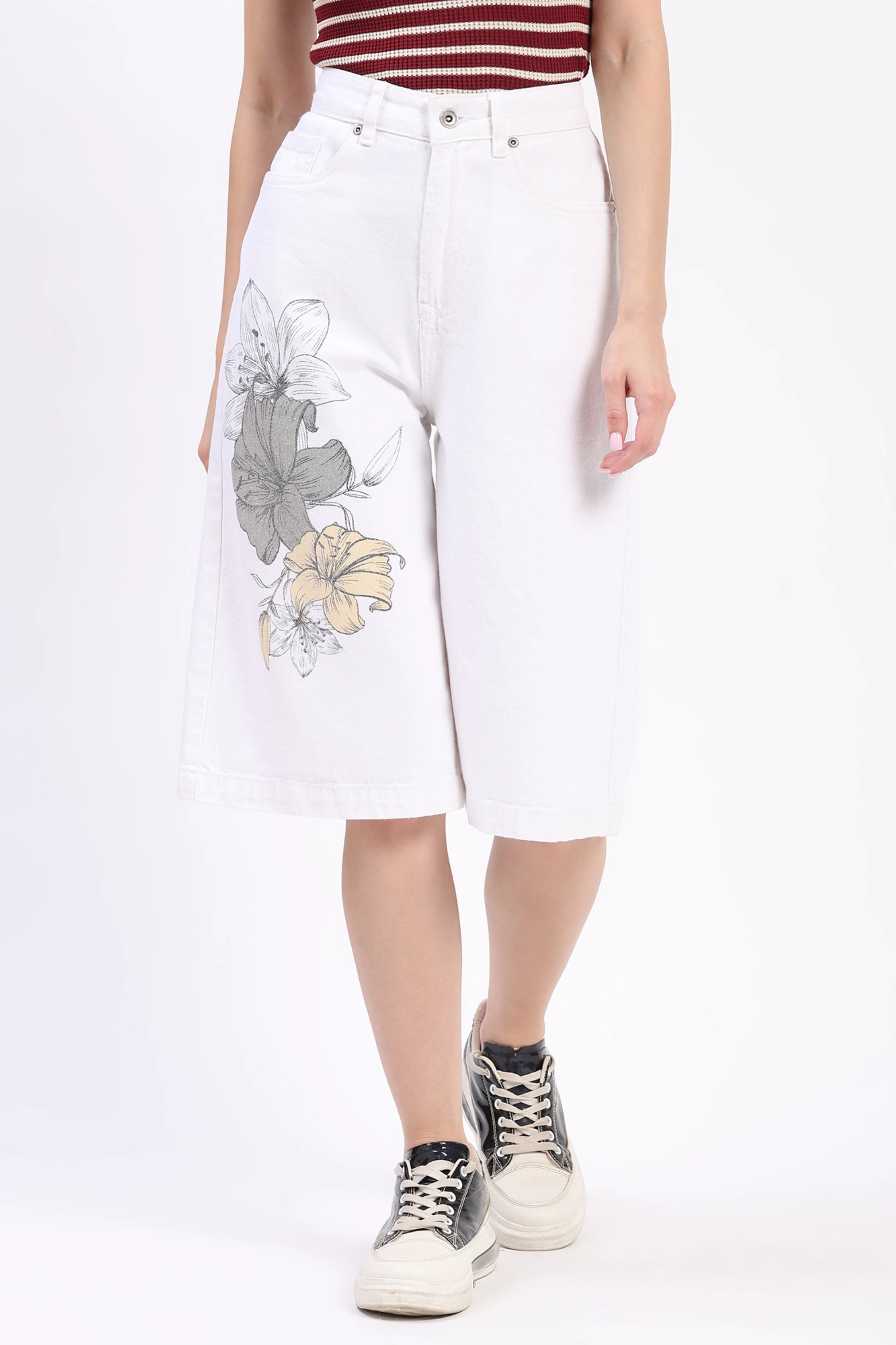 White Floral Print Cotton Culottes